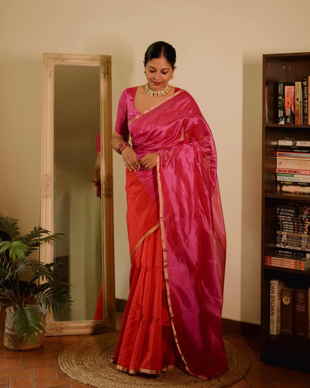 Chili Red and pink Chanderi silk saree with tassels on pallu