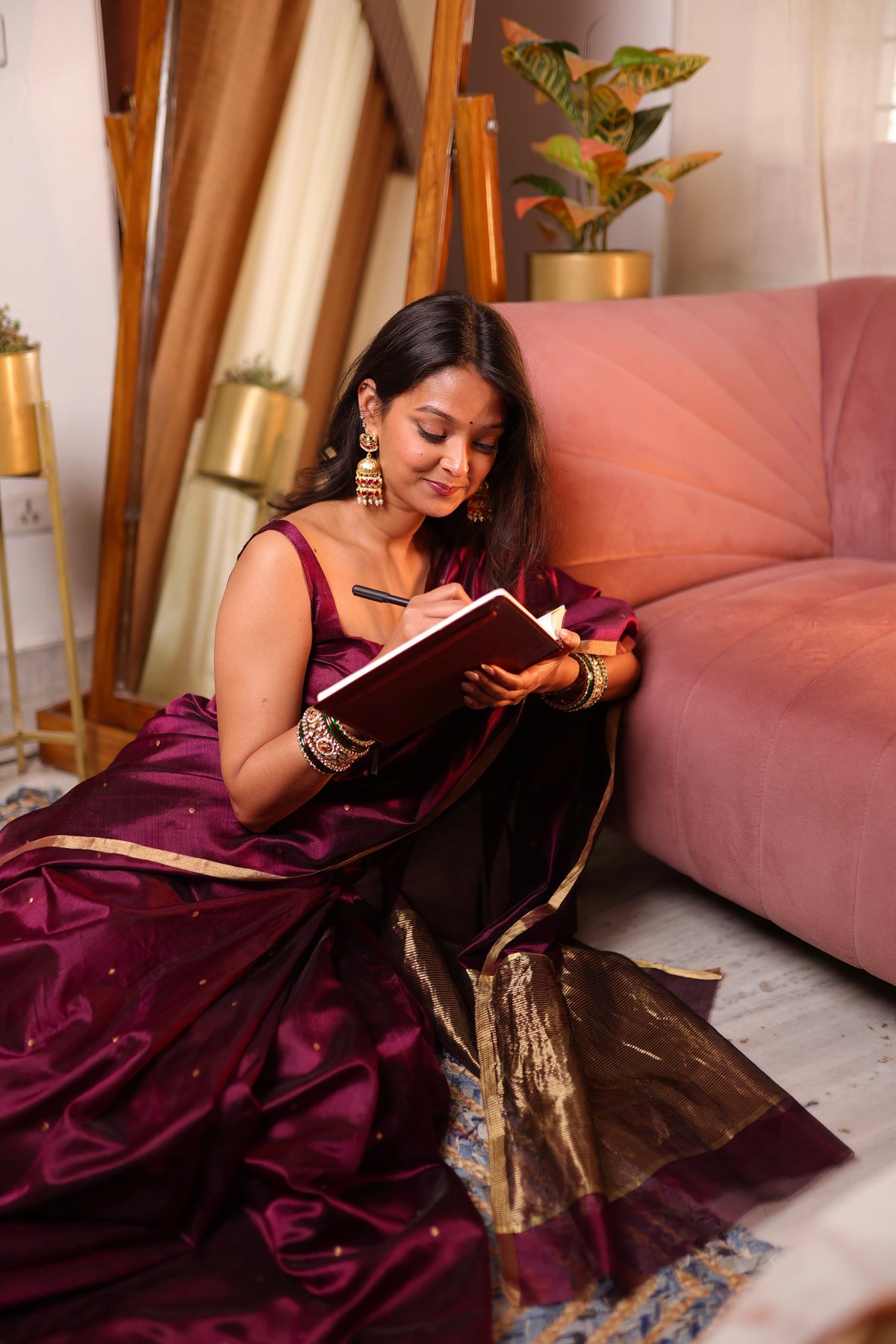 Dark Plum Chanderi Silk Saree with Zari Bootis all over