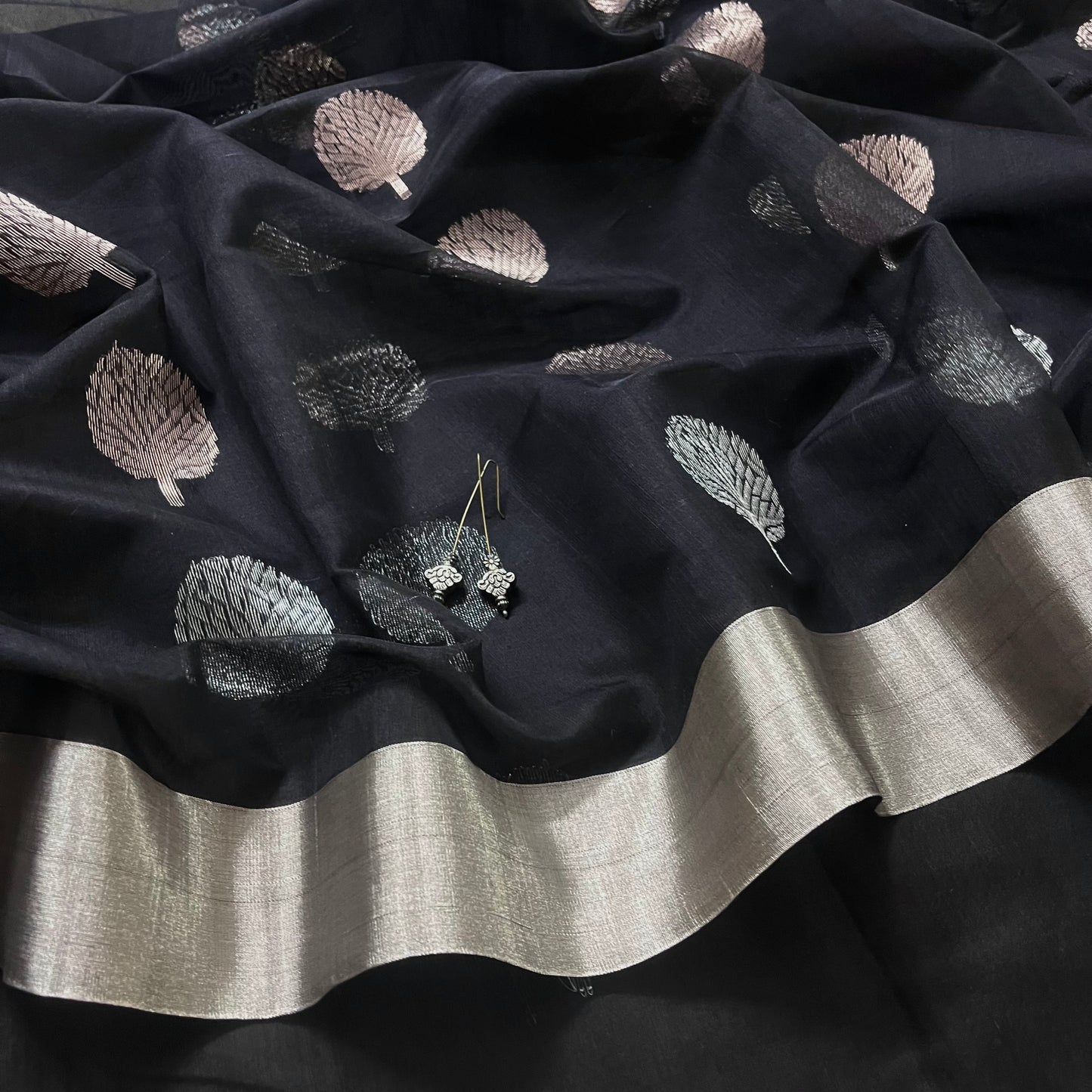 Black Chanderi saree with silver tree motifs all over