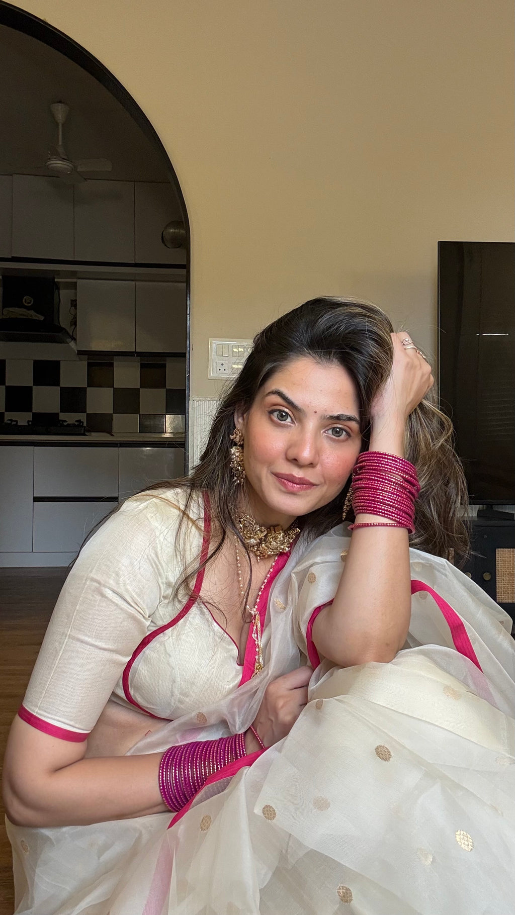 Off-White & Pink Chanderi Organza Silk Saree with Zari Bootis all over