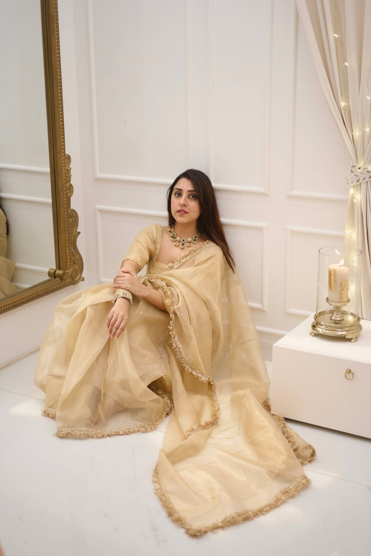 Beige gold Chanderi organza silk saree with zari bootis all over
