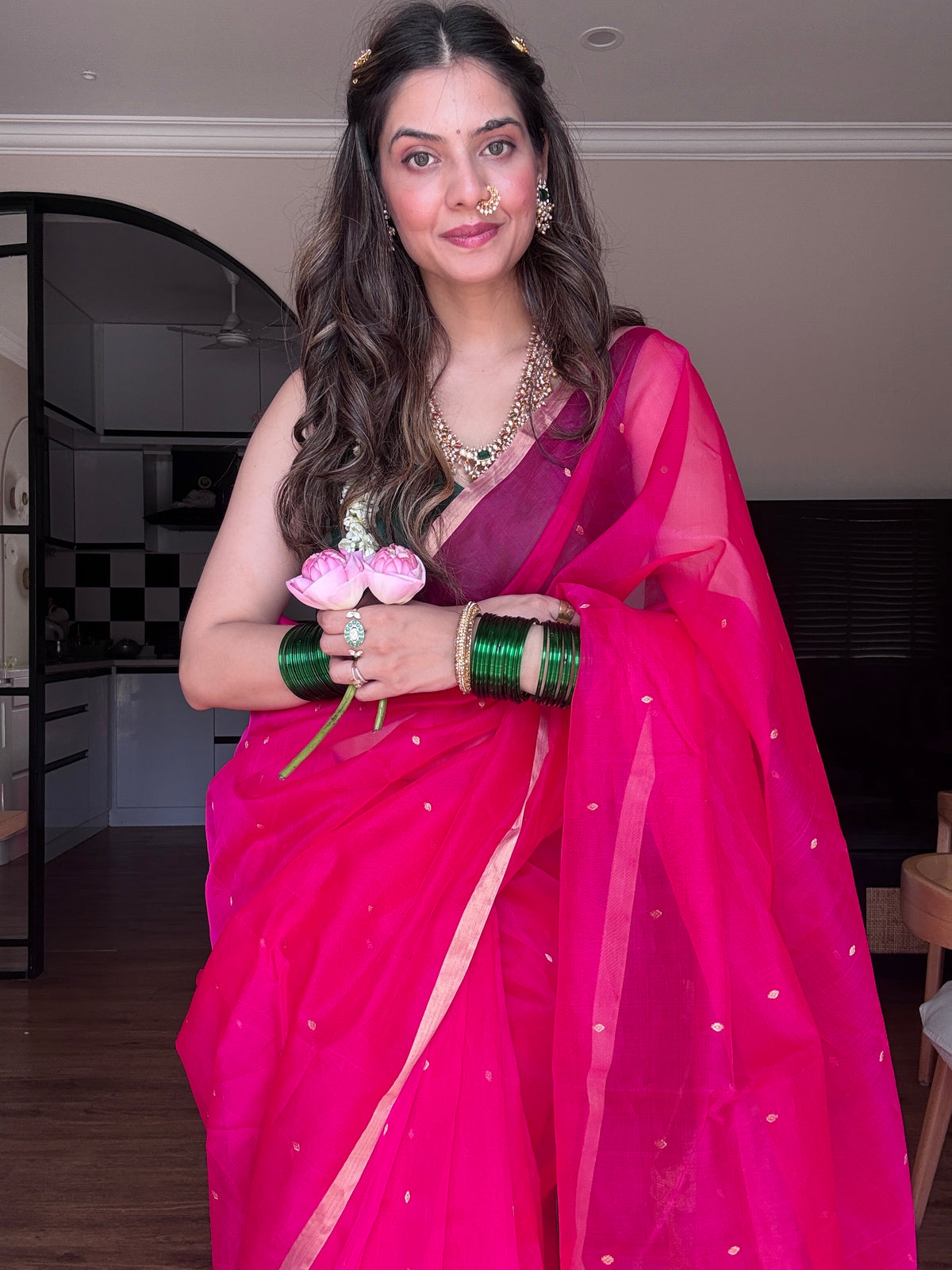 Fuschia pink Chanderi silk saree with zari bootis all over