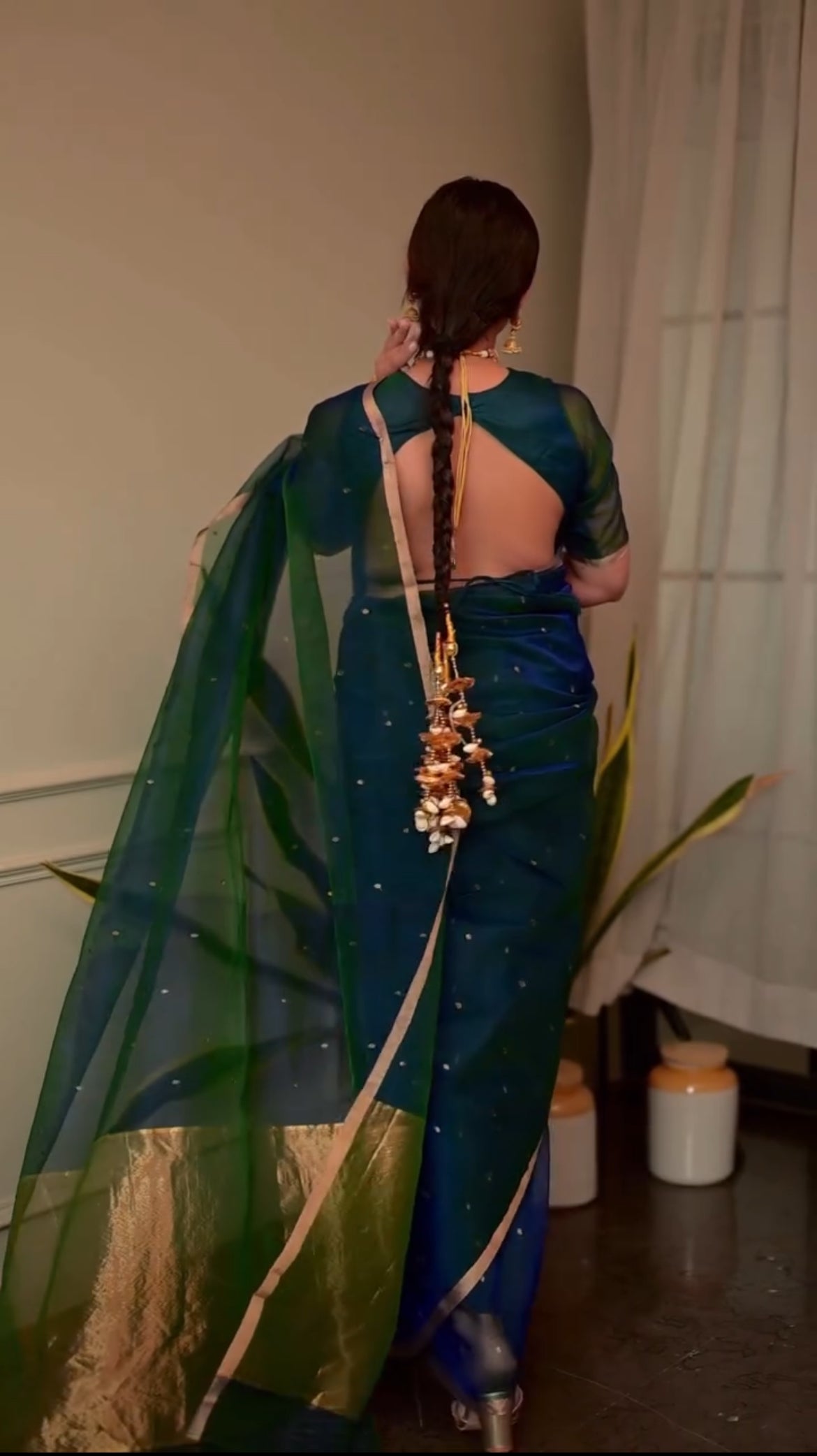 Peacock blue and green dual tone Chanderi organza silk saree with zari bootis all over