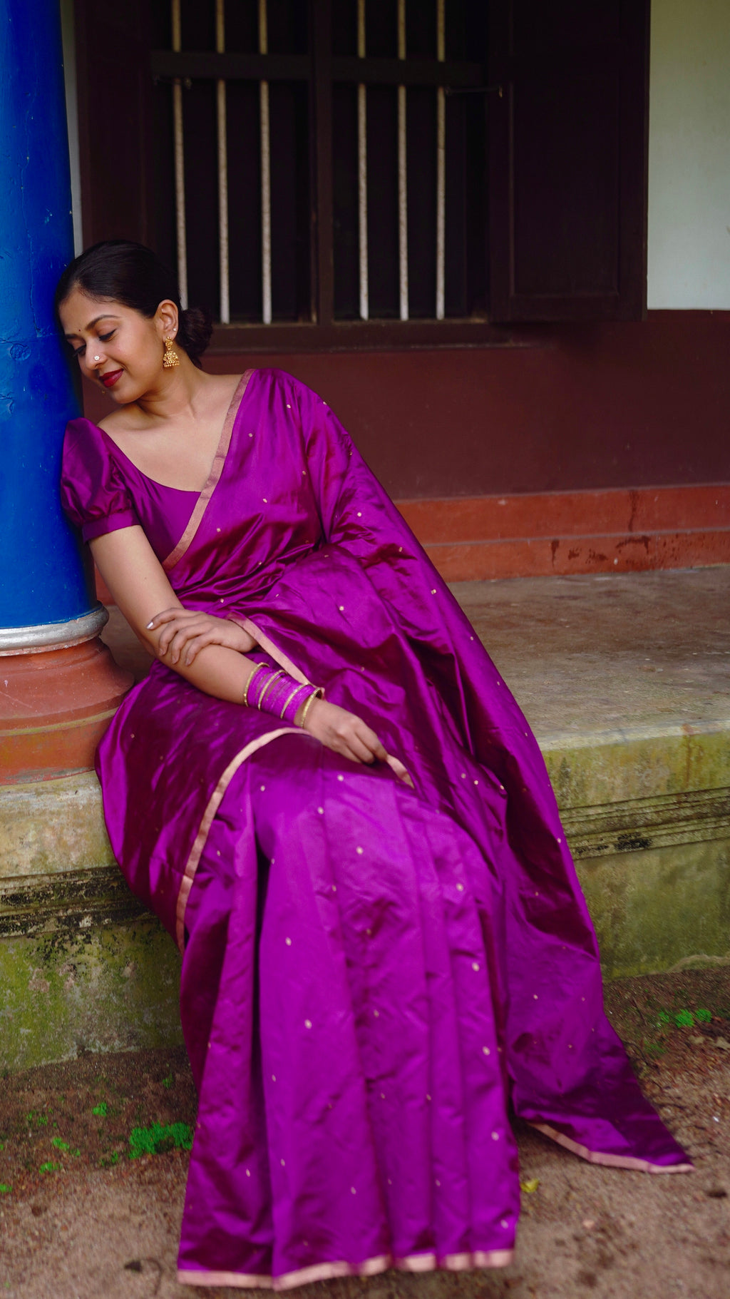 Wine chanderi silk saree with zari bootis all over