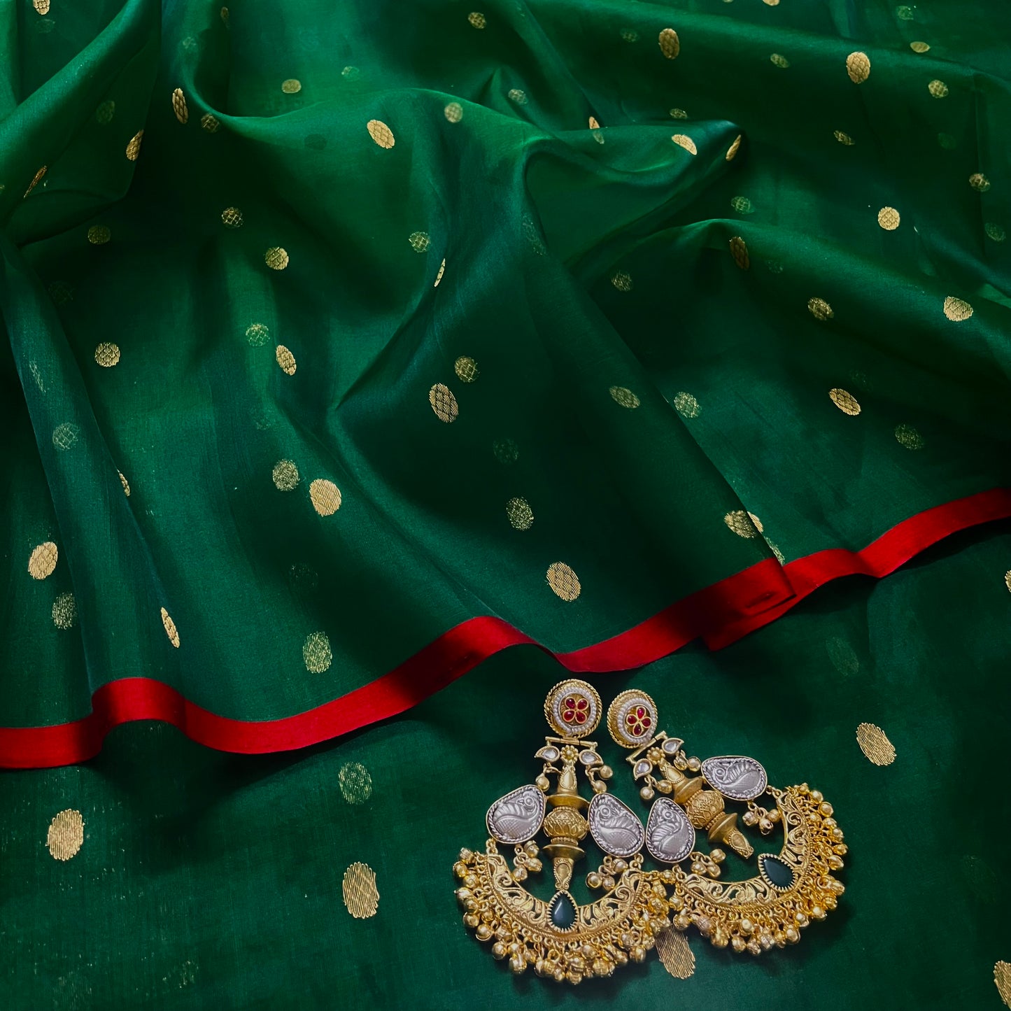 Green & red Chanderi silk saree with zari bootis all over