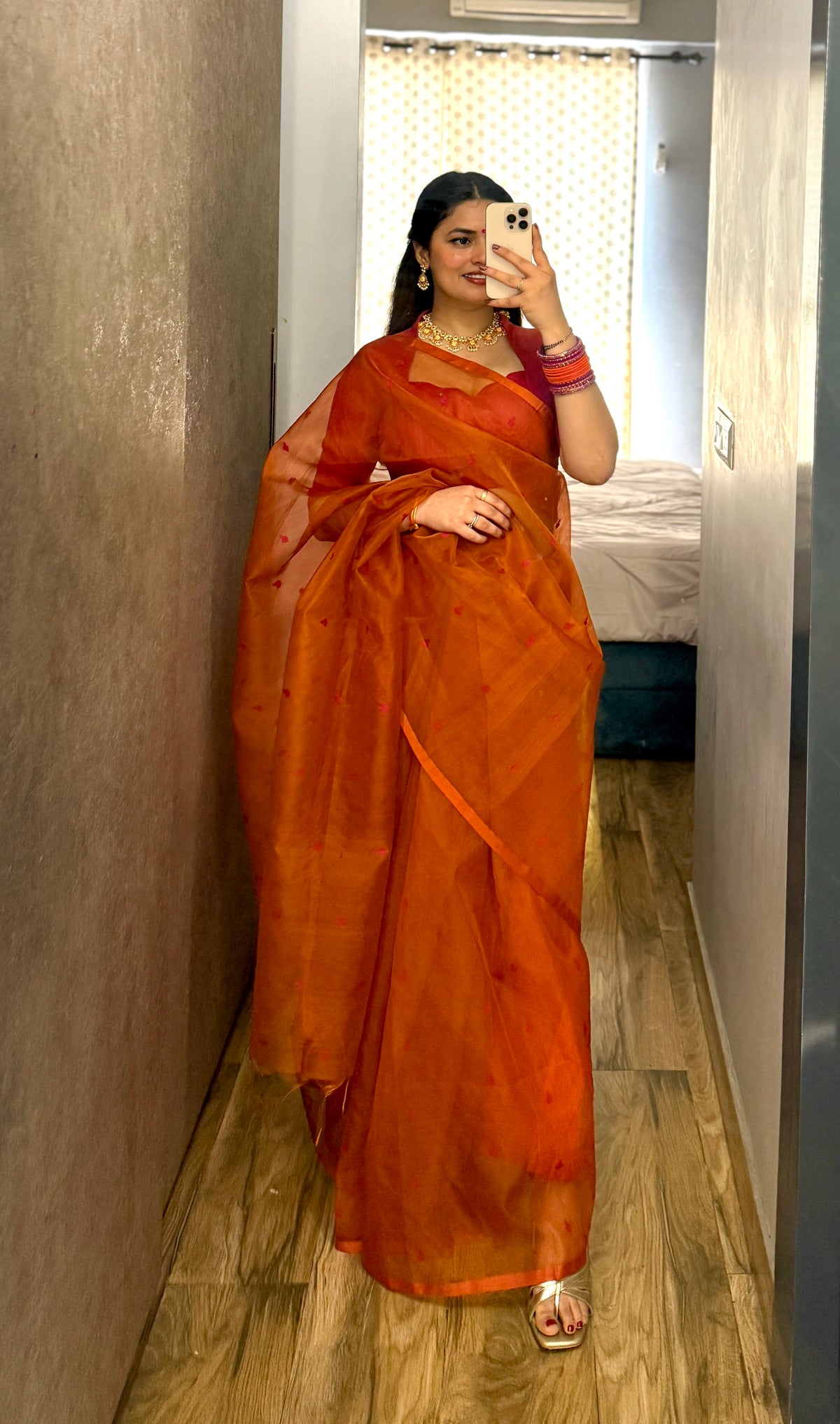 Burnt orange and pink Chanderi silk saree with resham bootis all over
