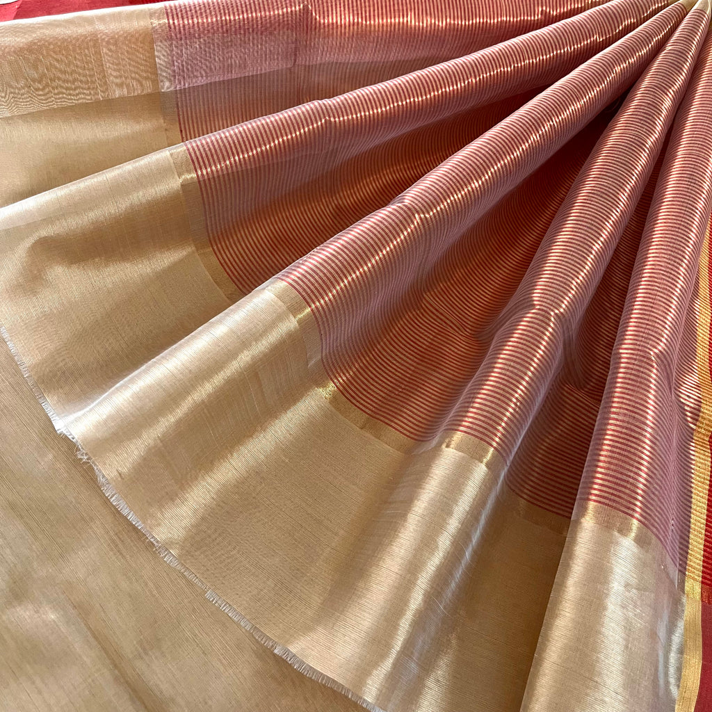 Beige & Red Chanderi Silk Saree with Zari Lines on Pallu