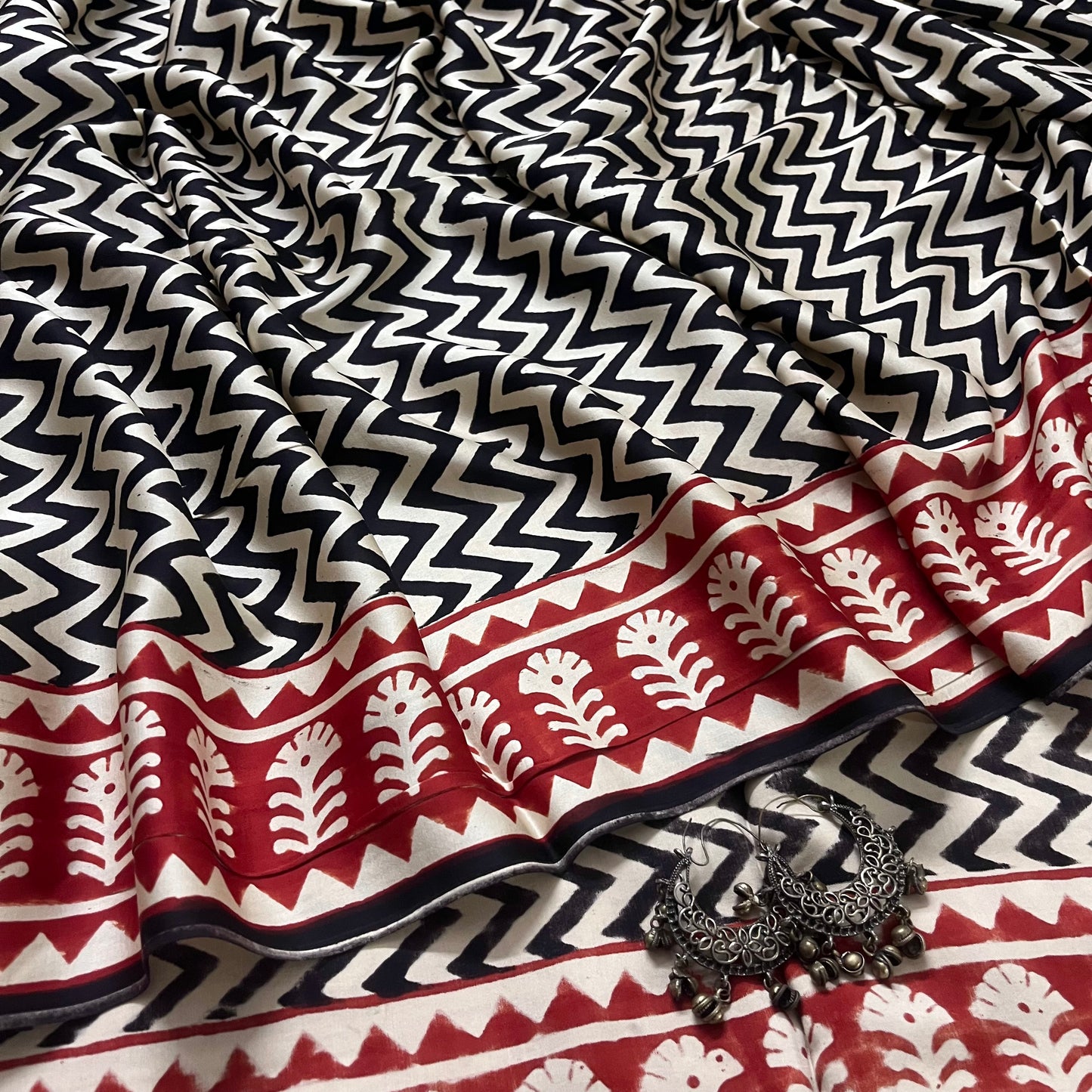 Black and white saree with block print all over