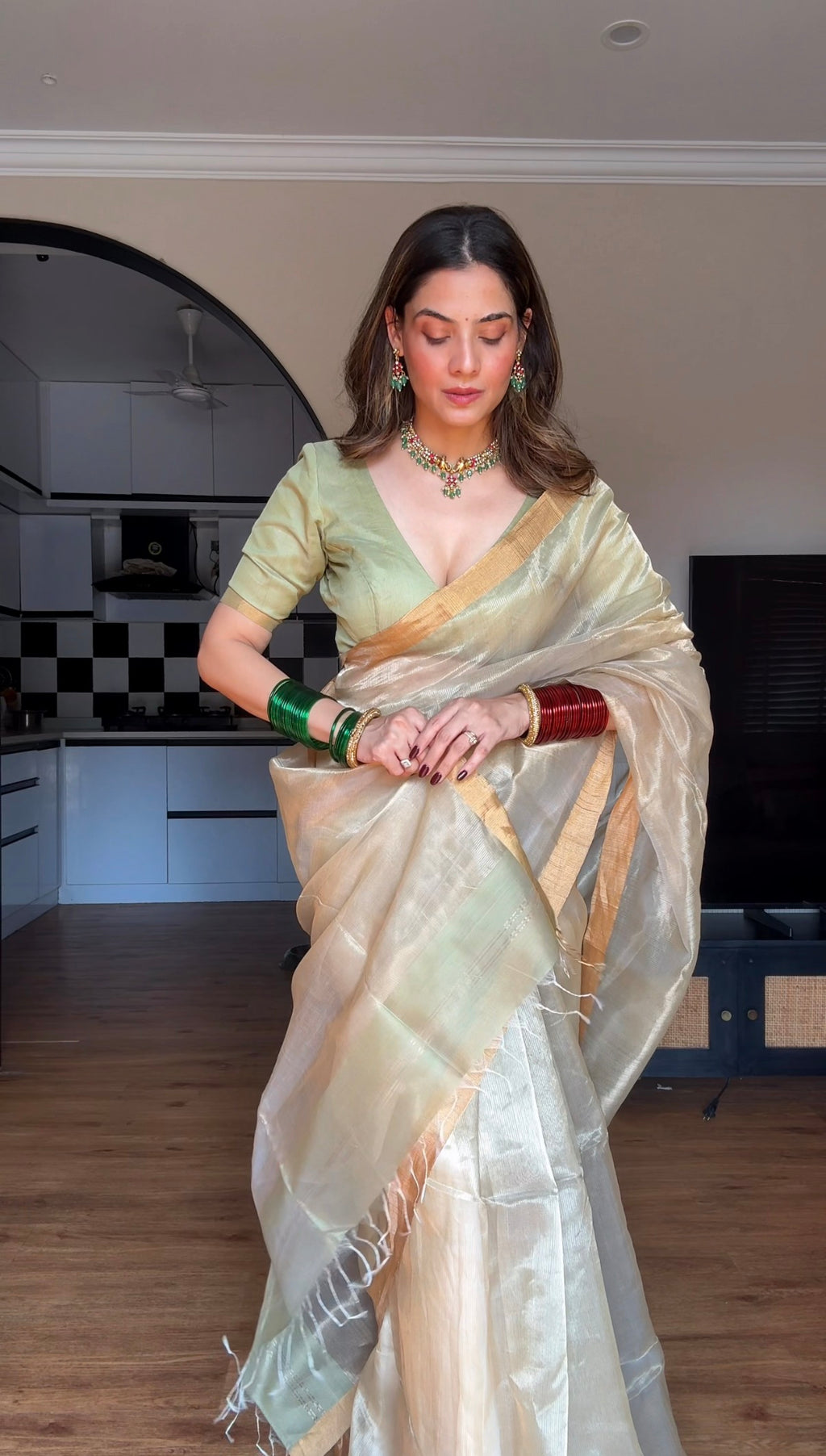 Olive Gold Maheshwari Saree with Zari lines all over