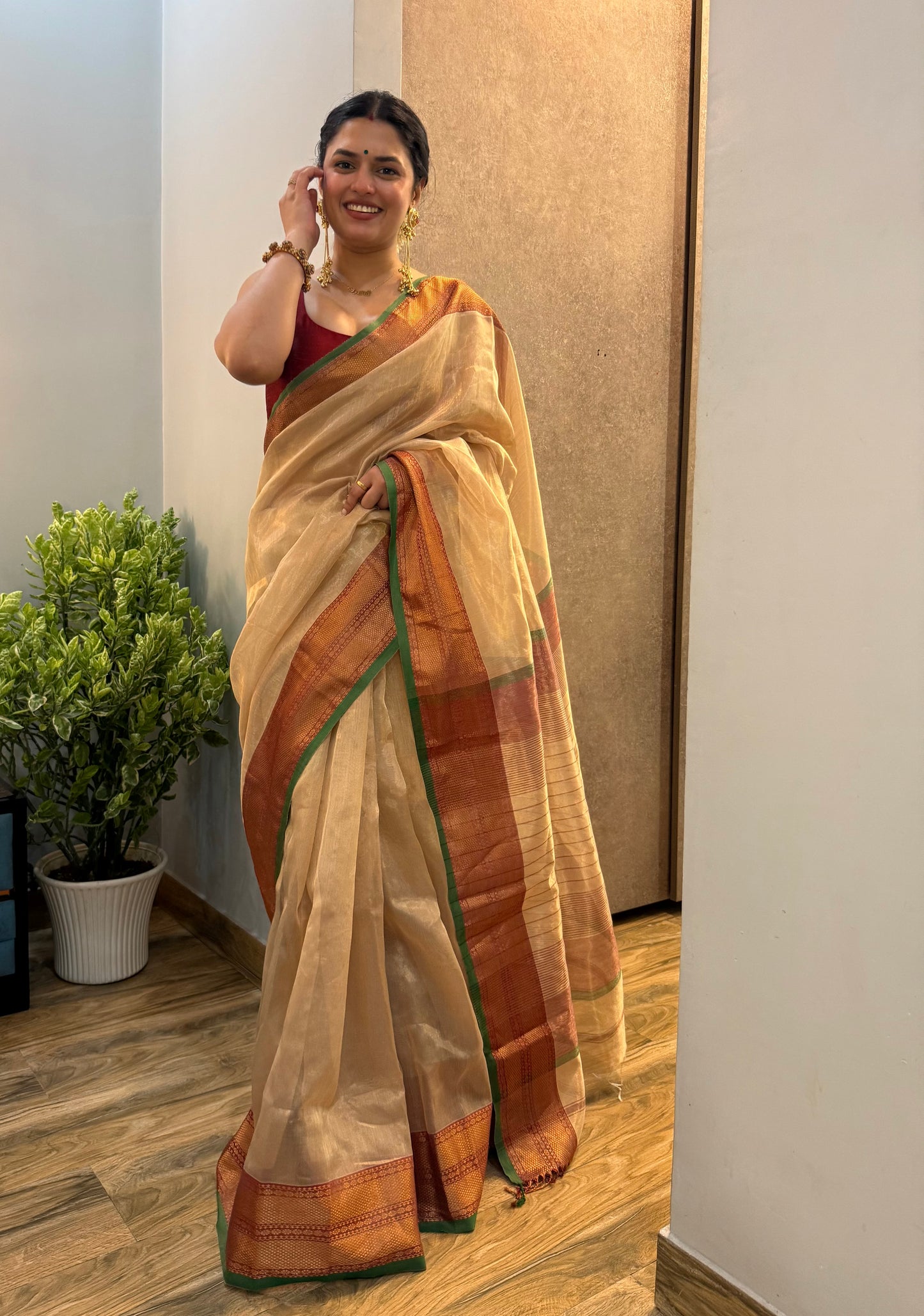 Gold Red & Green Maheshwari tissue saree with zari pattern on pallu