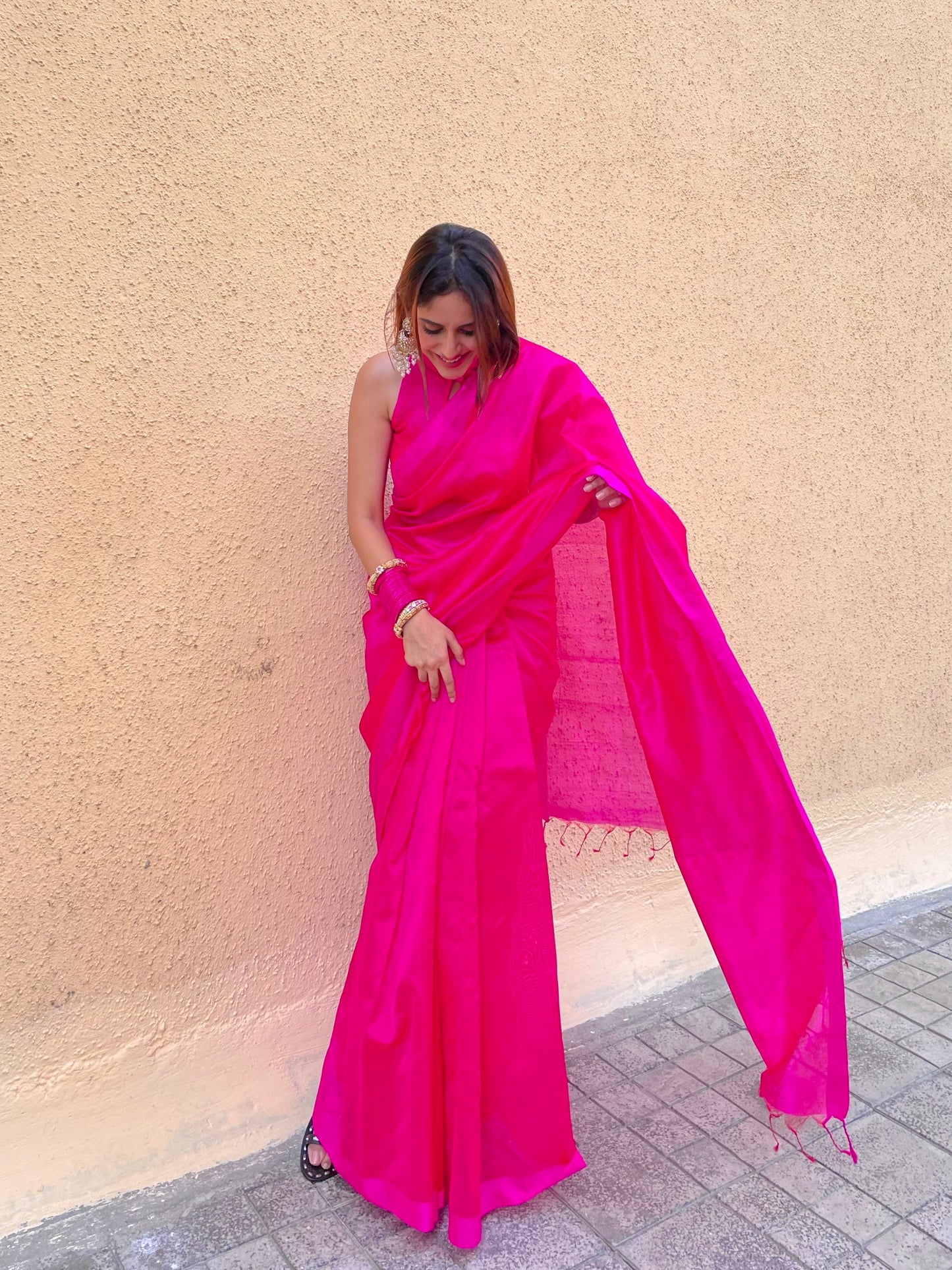 Hot pink chanderi silk saree with silk border