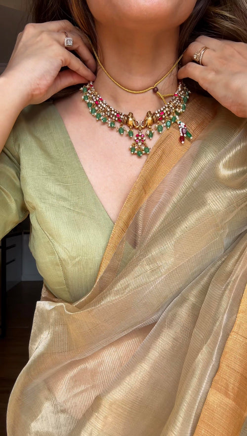 Olive Gold Maheshwari Saree with Zari lines all over