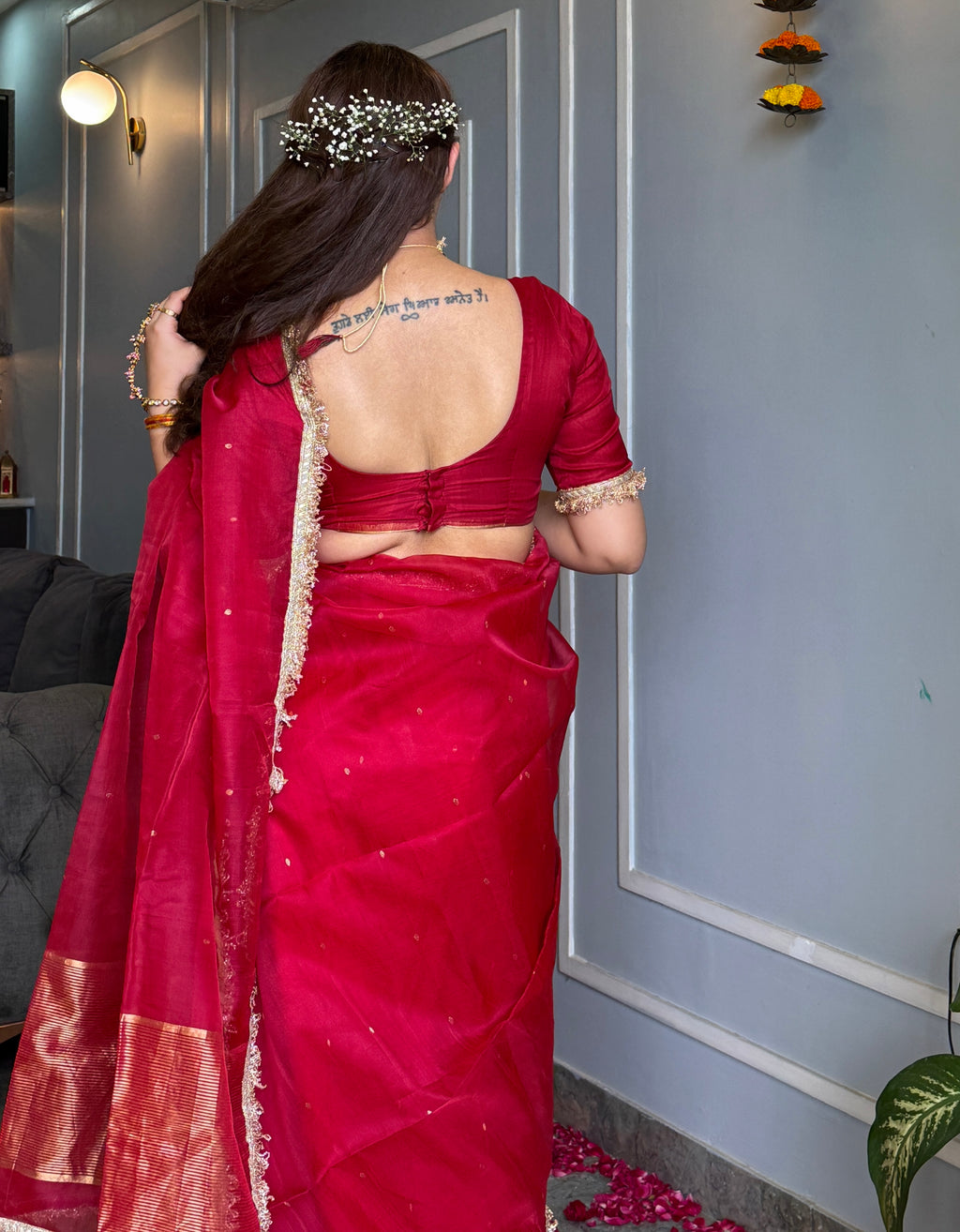 Dark rose chanderi silk saree with zari bootis all over