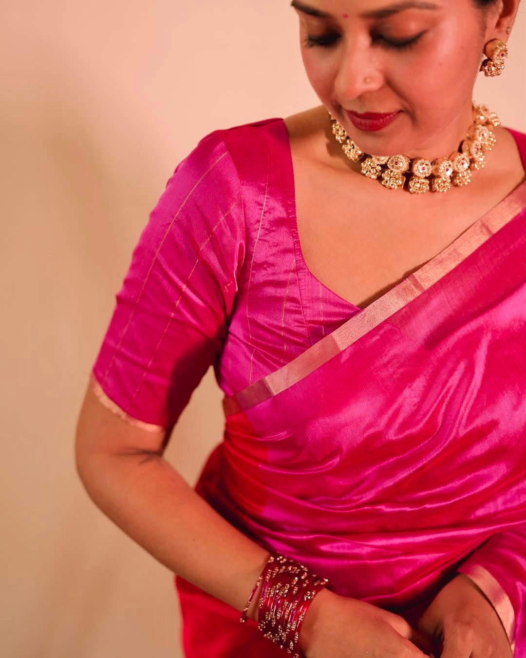 Chili Red and pink Chanderi silk saree with tassels on pallu