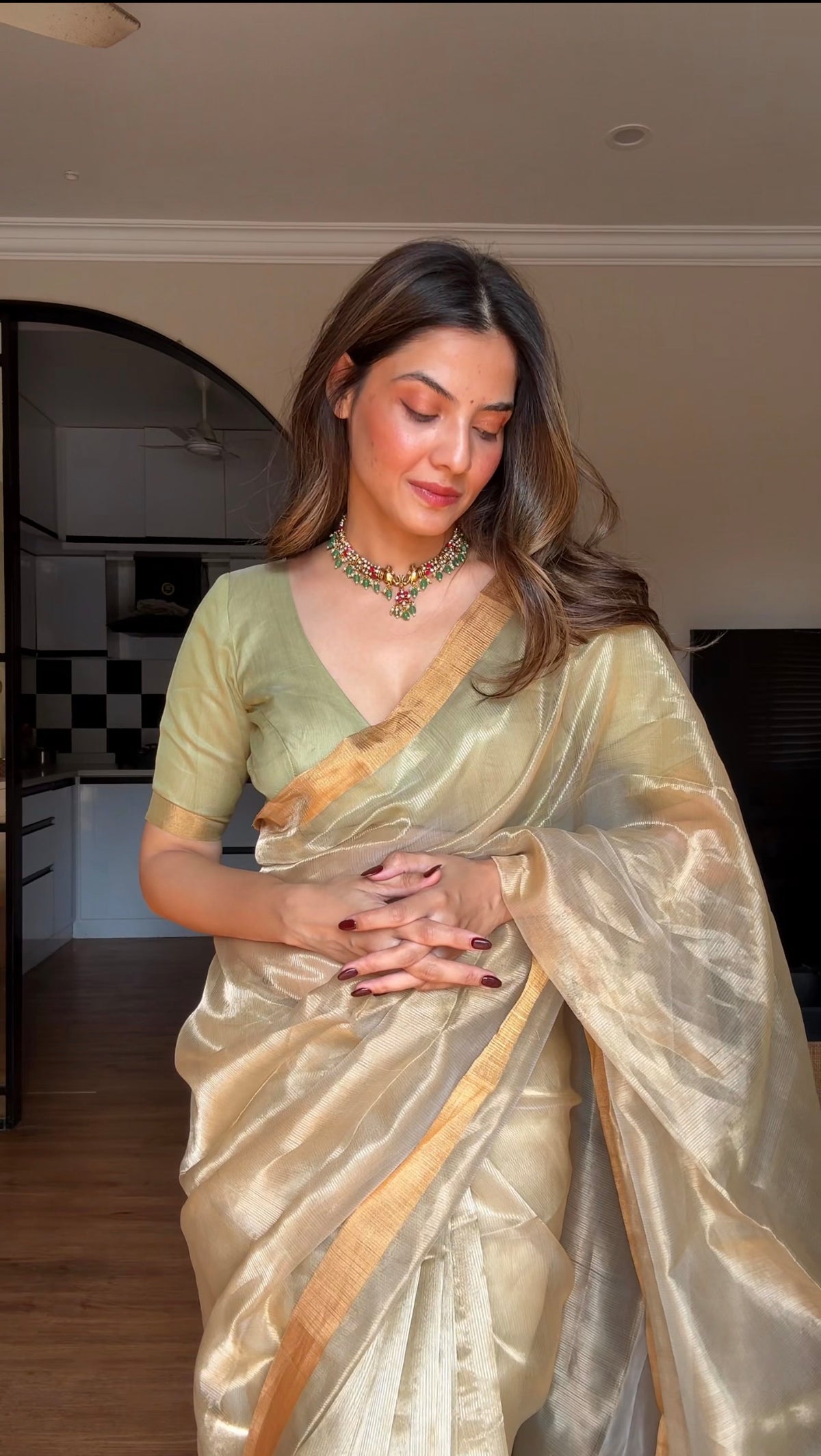 Olive Gold Maheshwari Saree with Zari lines all over