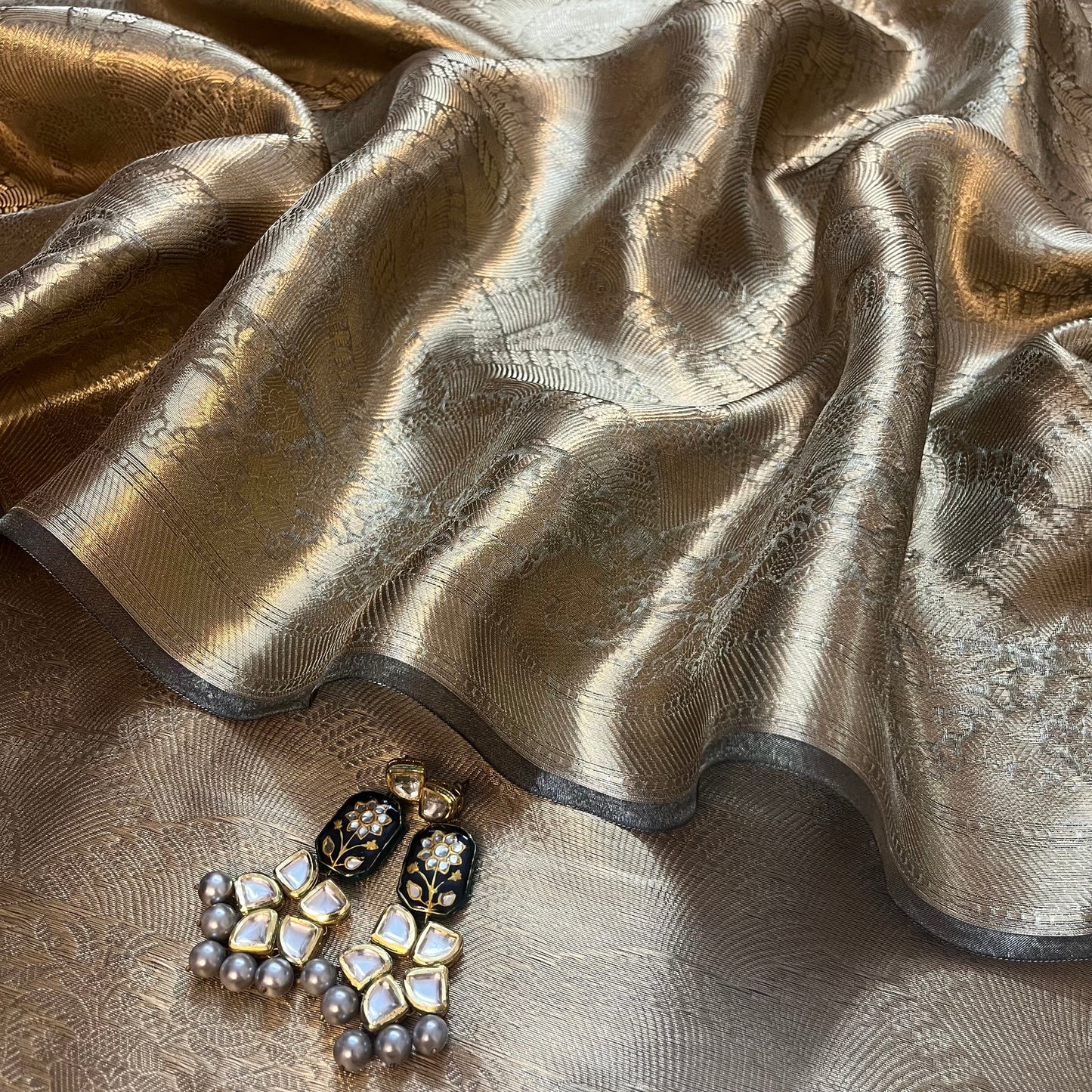 Antique gold Banarasi brocade silk saree with zari pattern all over