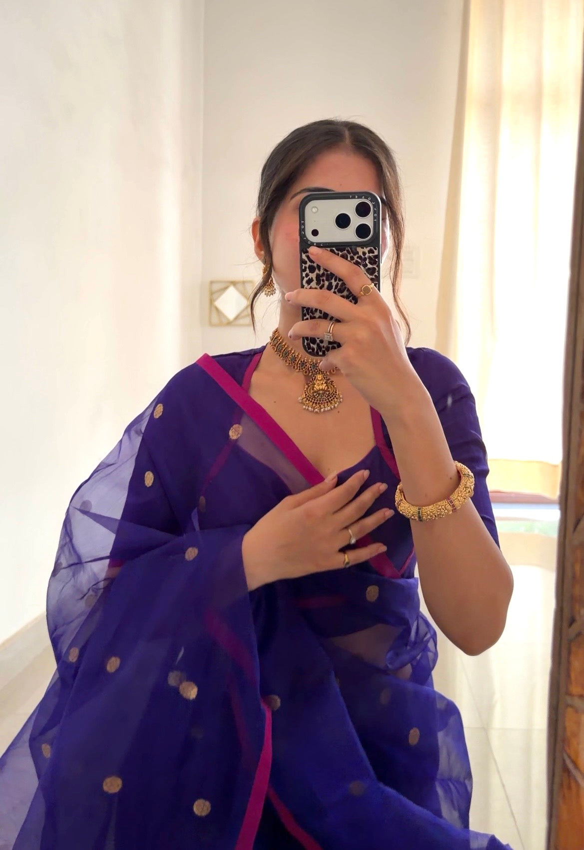 Dark Purple & Pink Chanderi silk saree with zari bootis all over