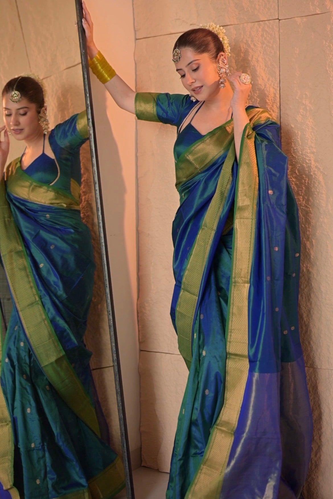 Peacock blue and green dual tone Maheshwari silk saree with zari bootis all over