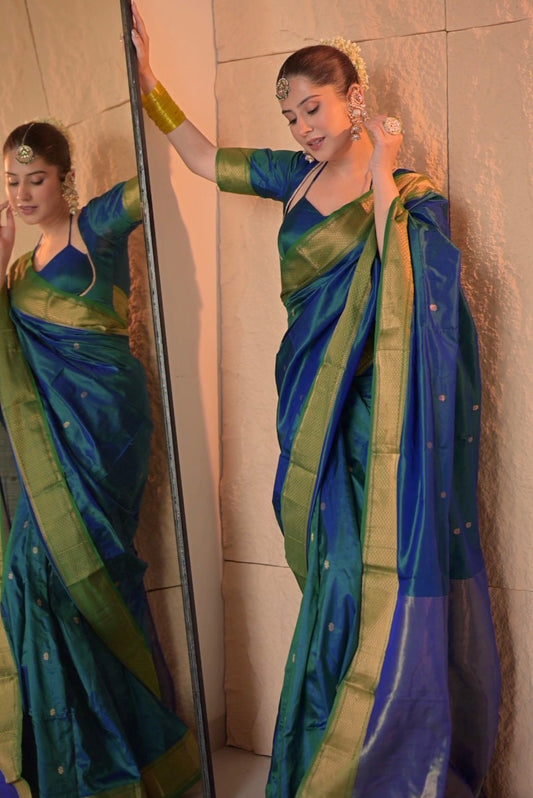 Peacock blue and green dual tone Maheshwari silk saree with zari bootis all over