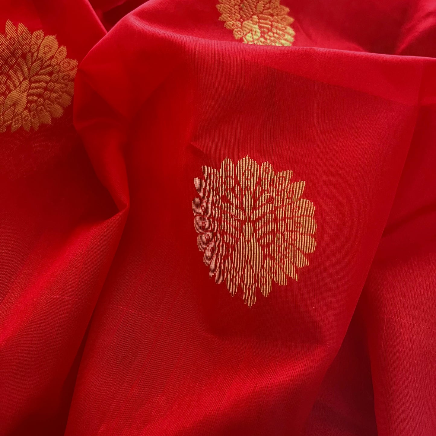 Red Chanderi silk saree with mor motifs all over