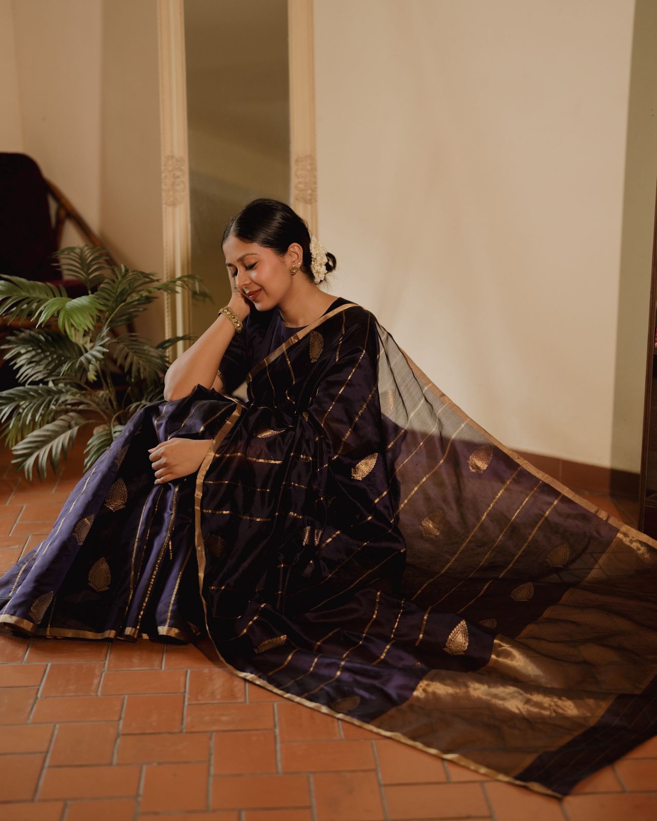 Midnight blue Chanderi silk saree with zari motifs all over