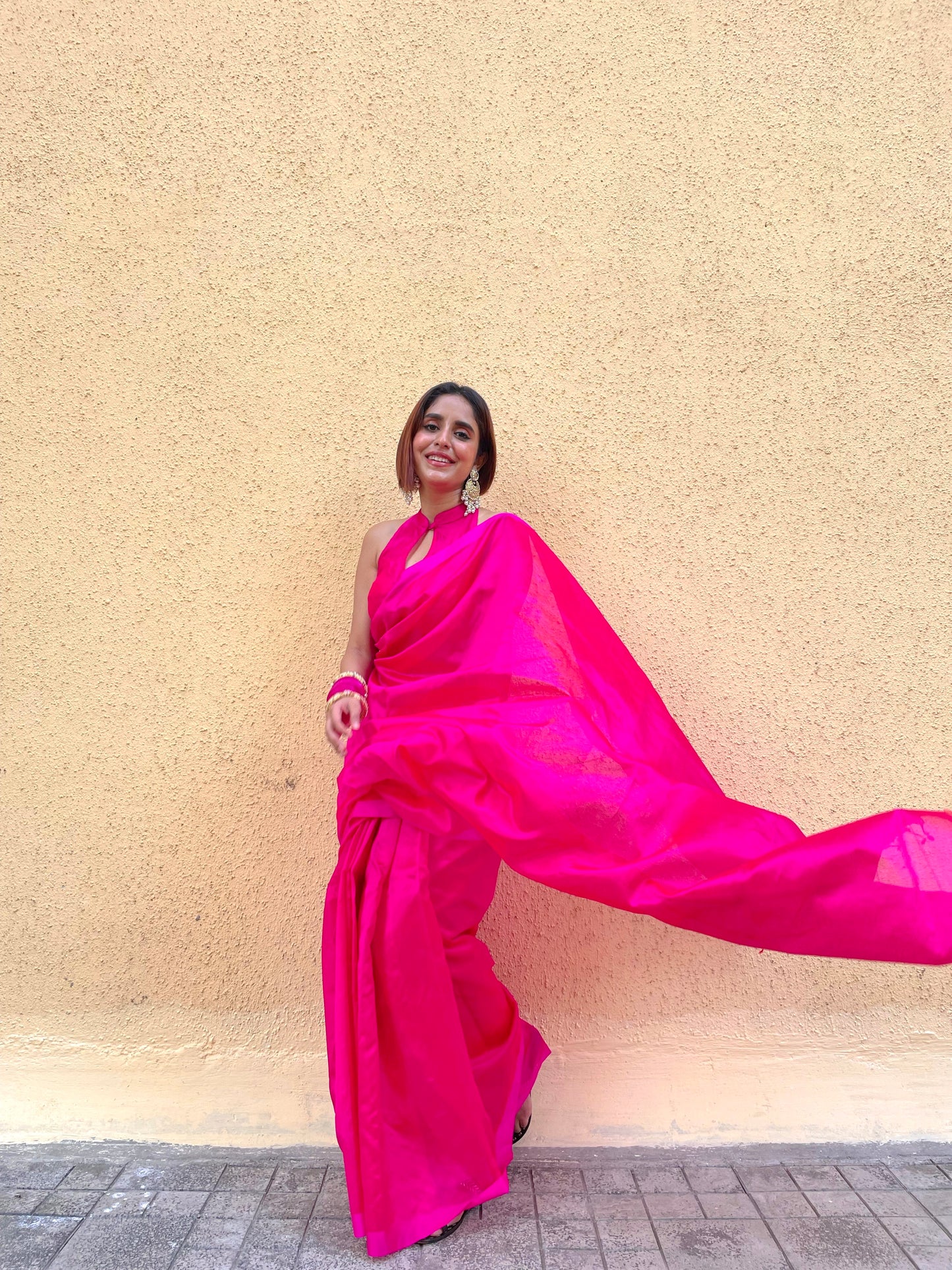 Hot pink chanderi silk saree with silk border