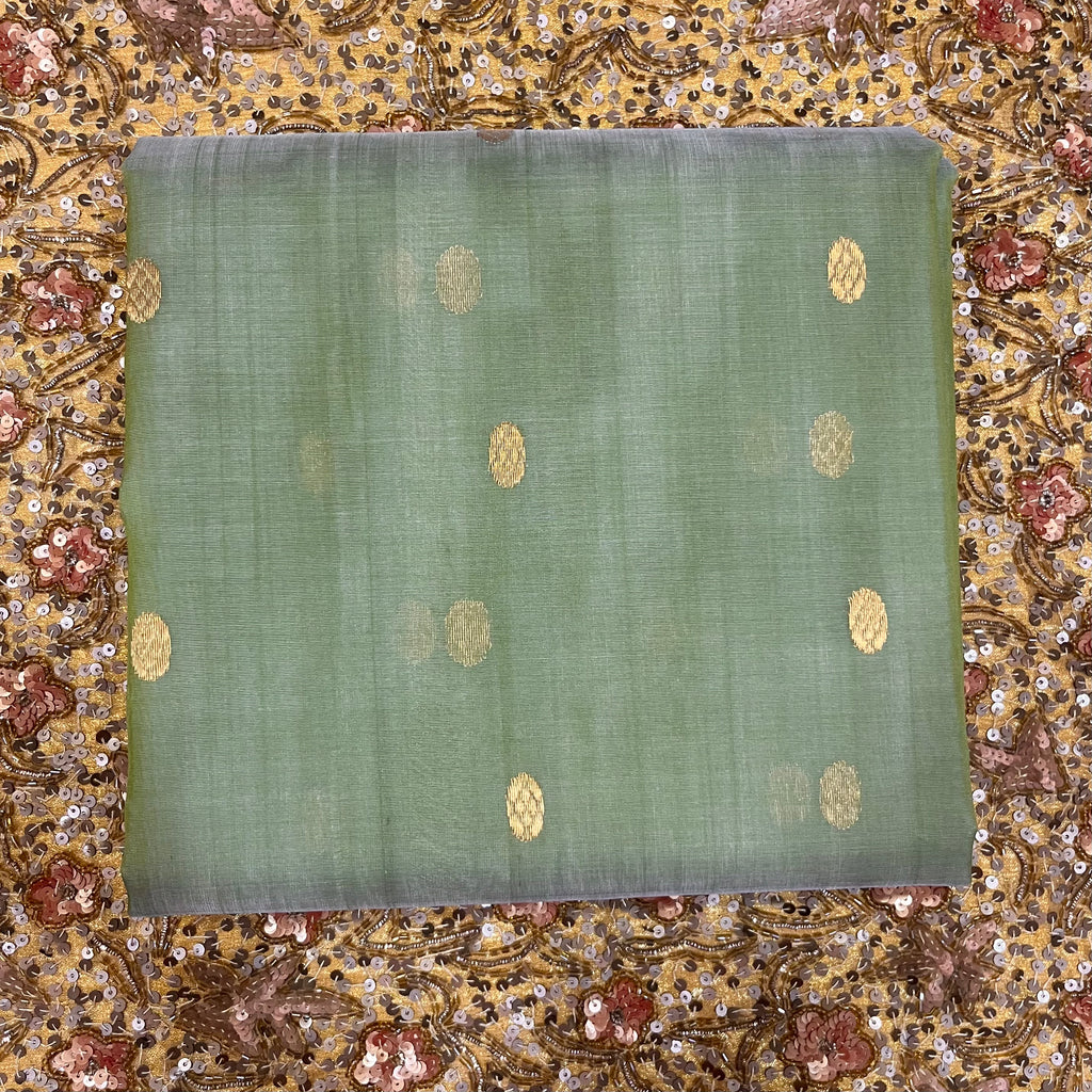 Olive gold & red Chanderi silk saree with zari bootis all over