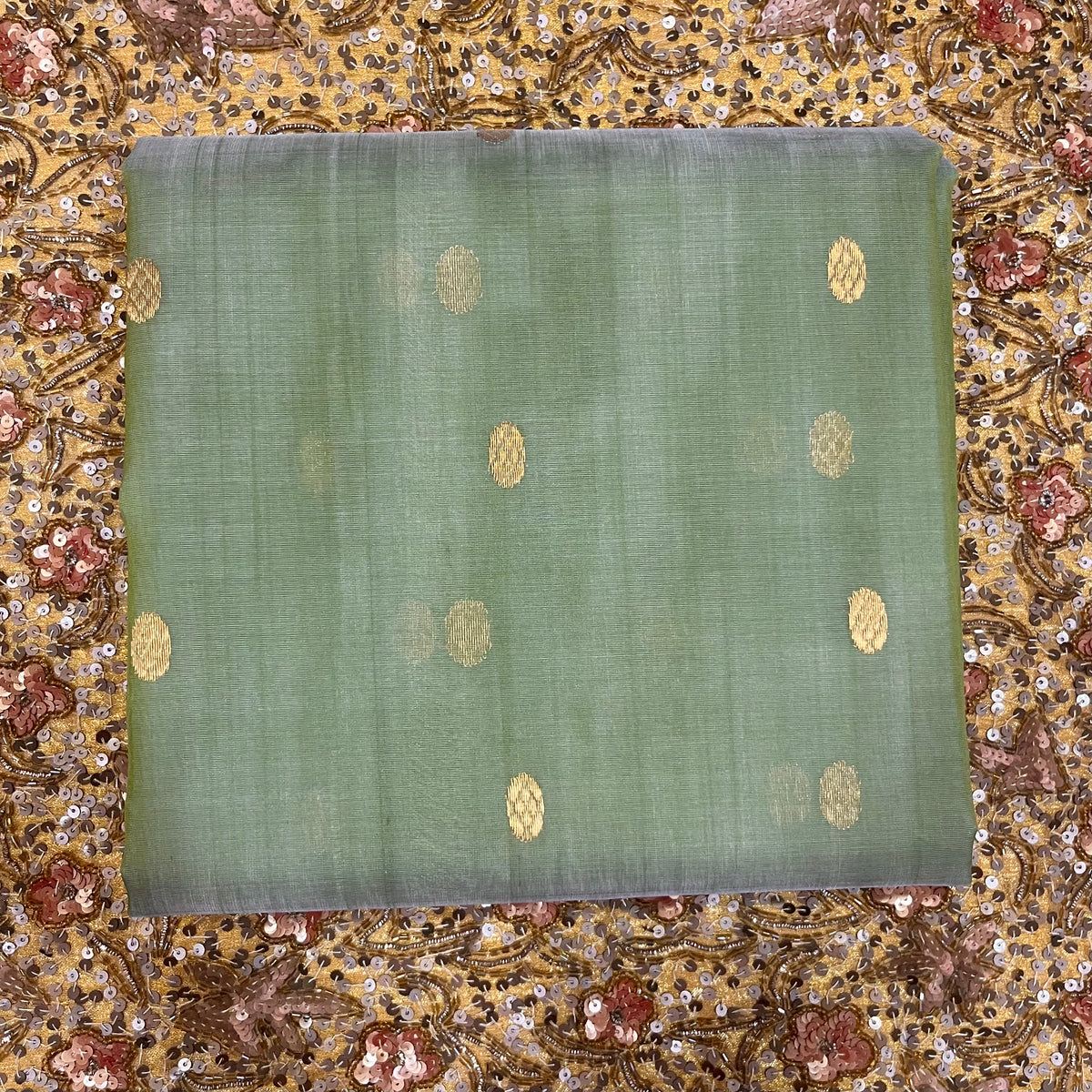Olive gold & red Chanderi silk saree with zari bootis all over