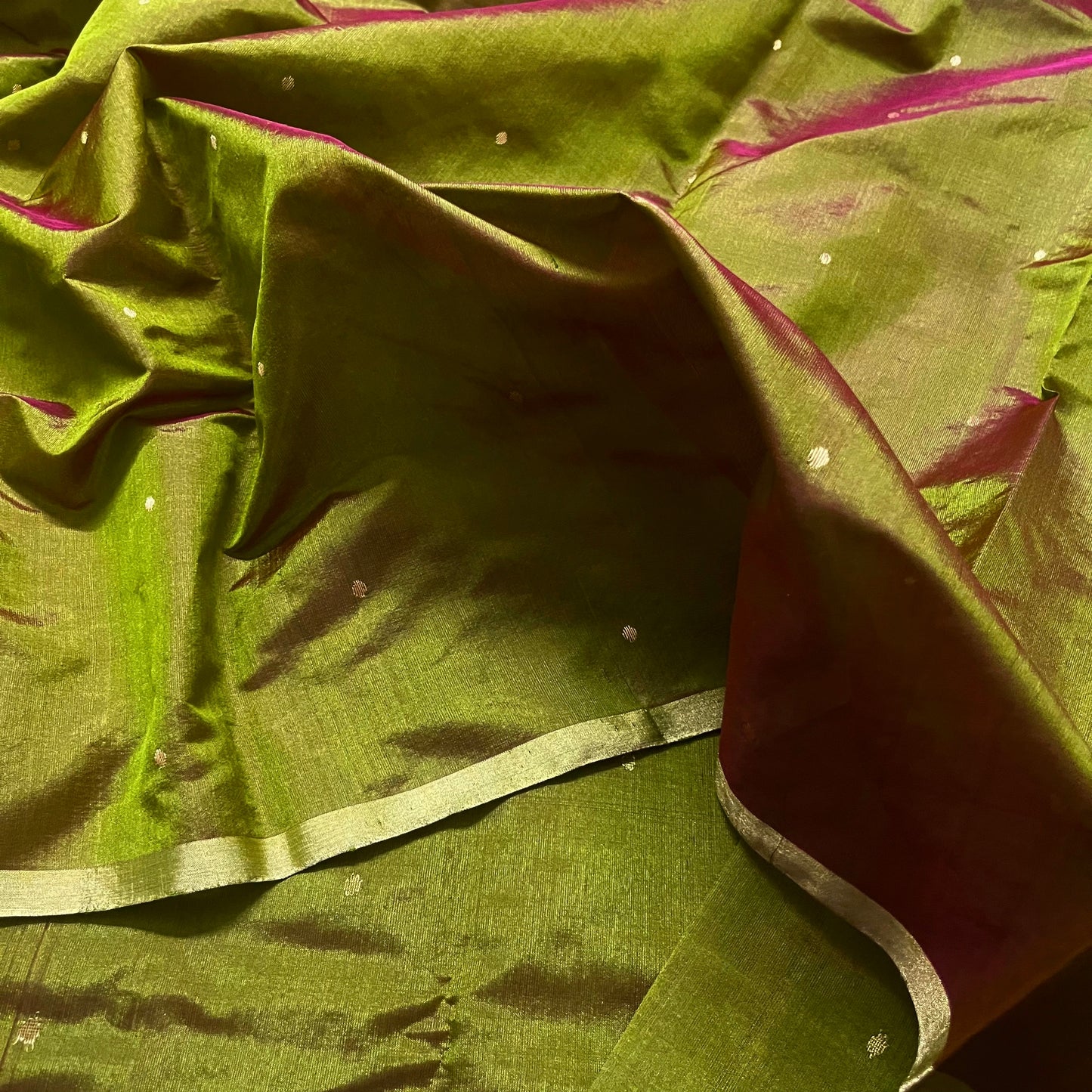 Olive green and maroon dual tone chanderi silk saree with zari bootis all over