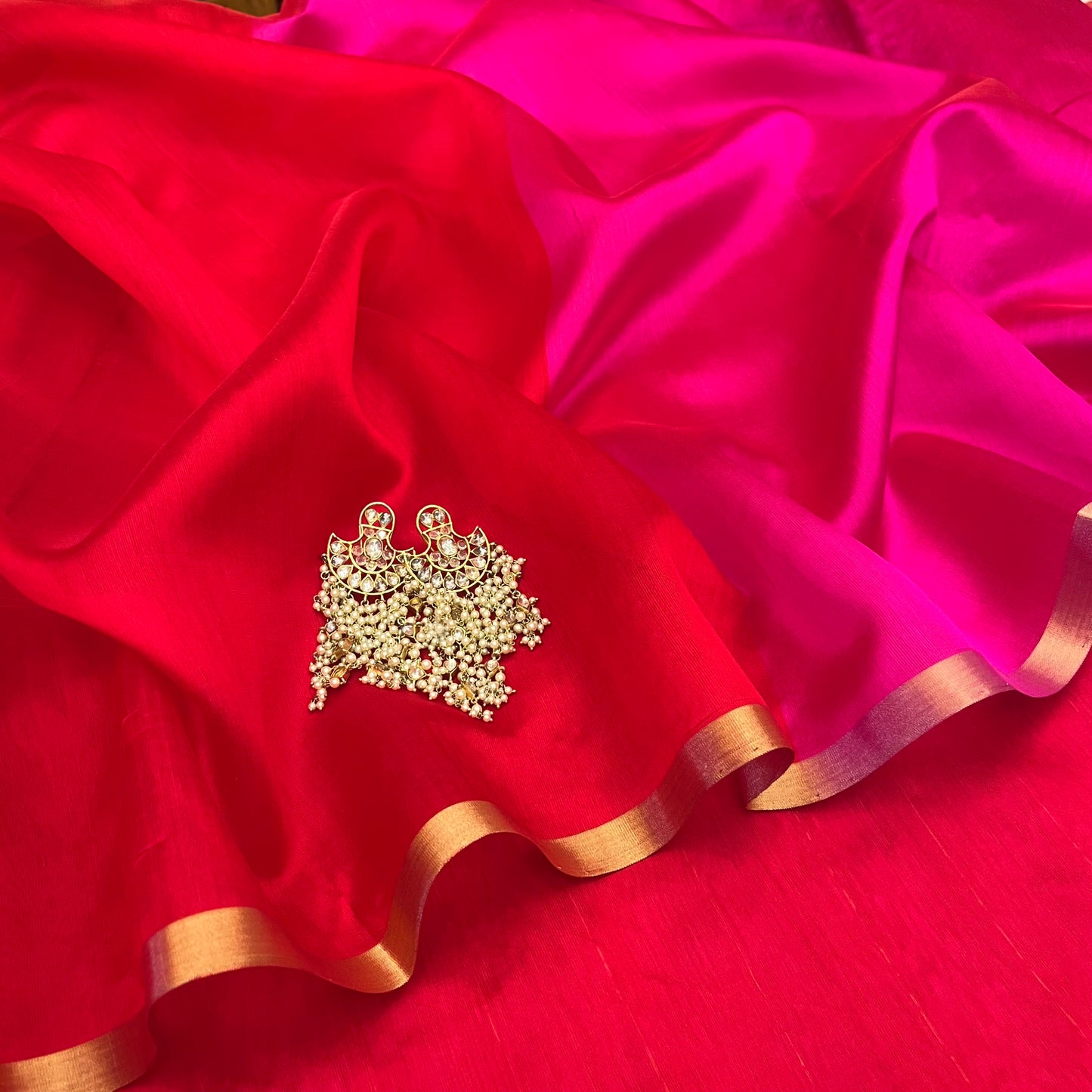Chili Red and pink Chanderi silk saree with tassels on pallu