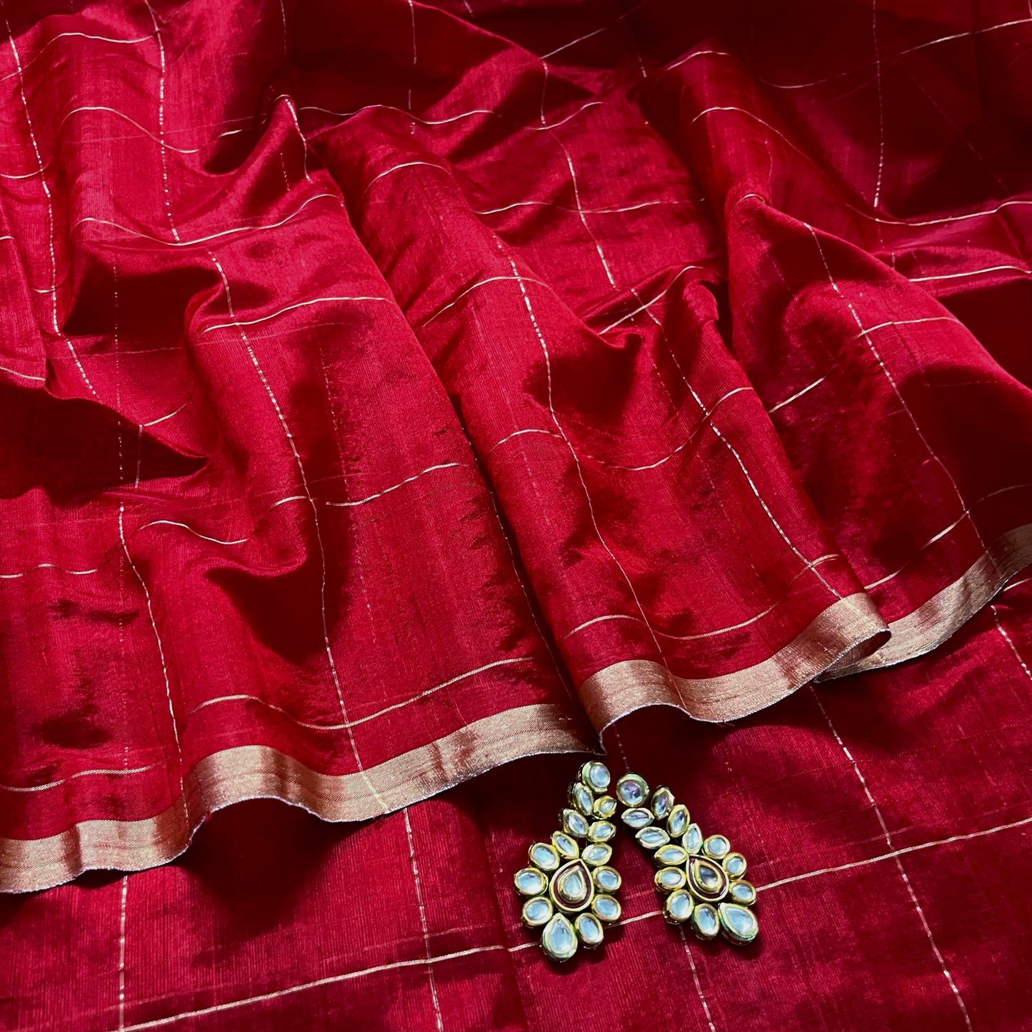 Deep red chanderi silk saree with zari checks all over