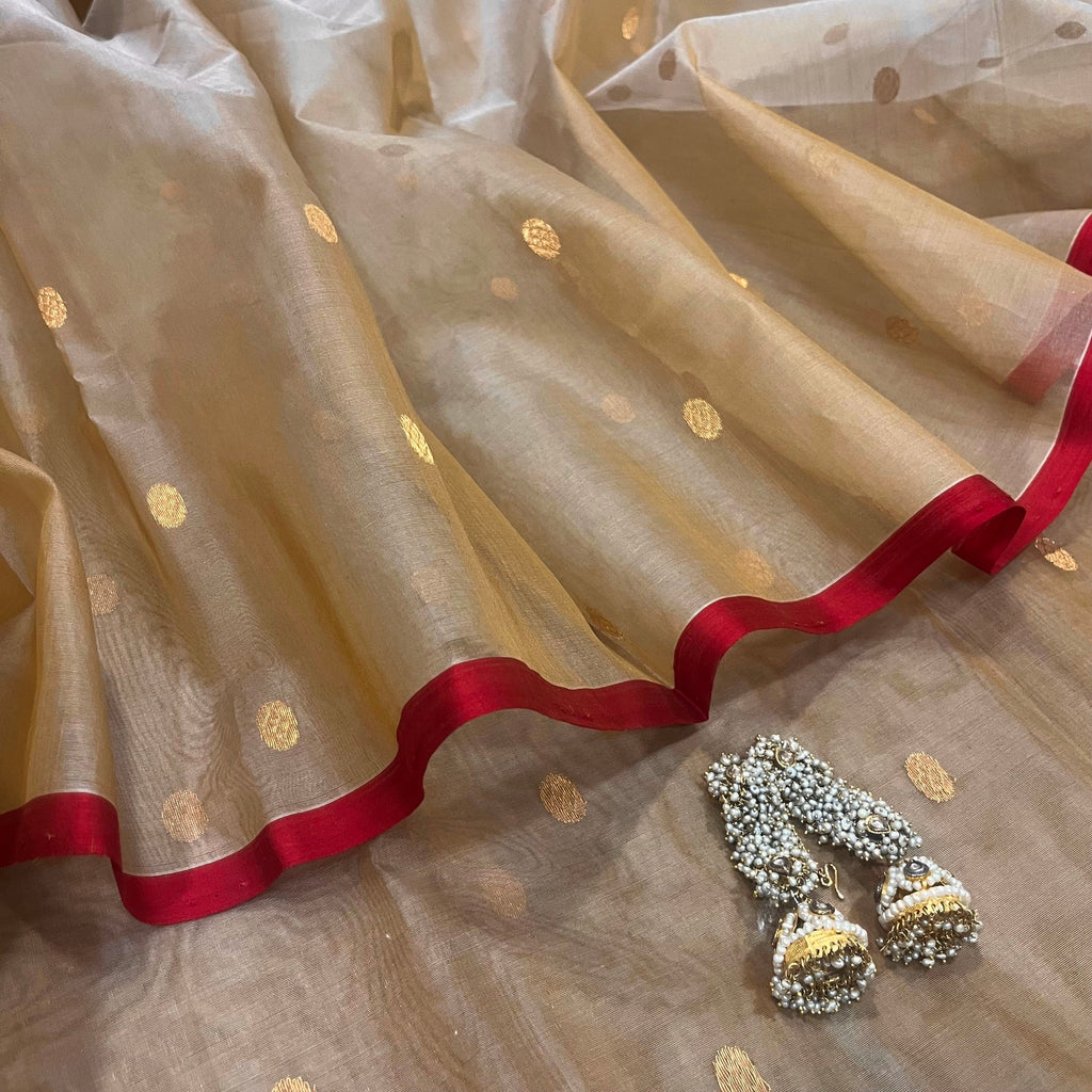 Beige gold and red Chanderi silk saree with zari bootis all over