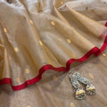 Beige gold and red Chanderi silk saree with zari bootis all over