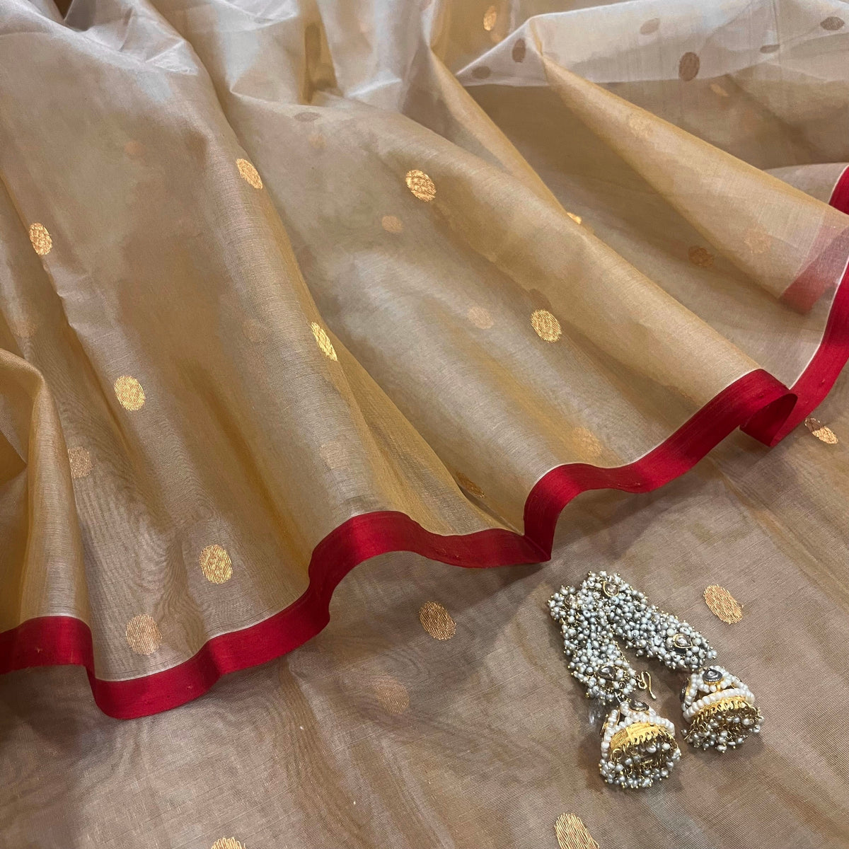 Beige gold and red Chanderi silk saree with zari bootis all over