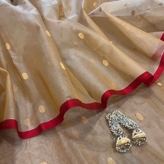 Beige gold and red Chanderi silk saree with zari bootis all over