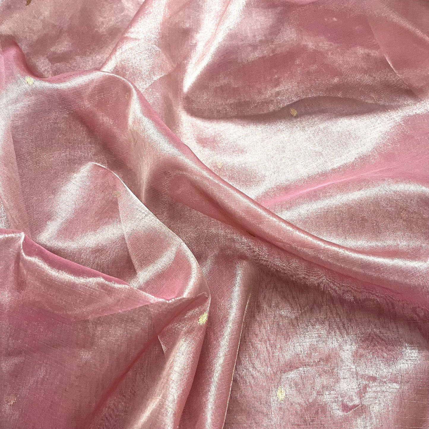 Flamingo pink Chanderi tissue silk saree with zari bootis all over