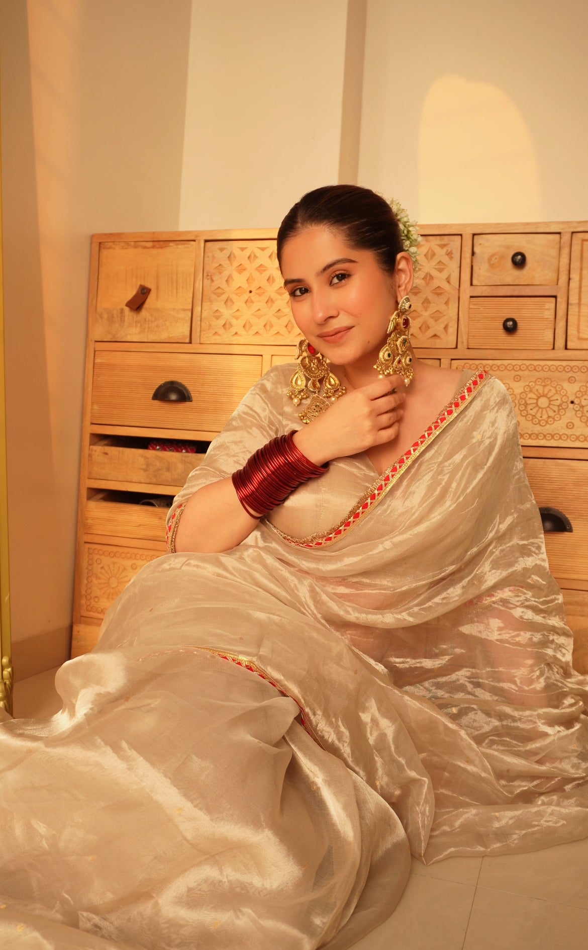 Chantilly cream and red Chanderi tissue silk saree with zari bootis all over