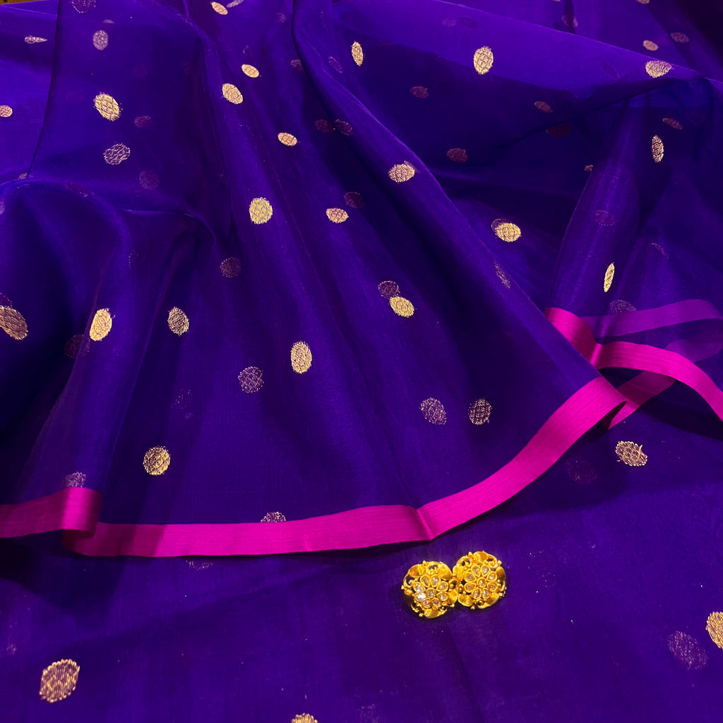Ready to wear | Dark Purple & Pink Chanderi Organza Silk Saree with Zari Bootis all over