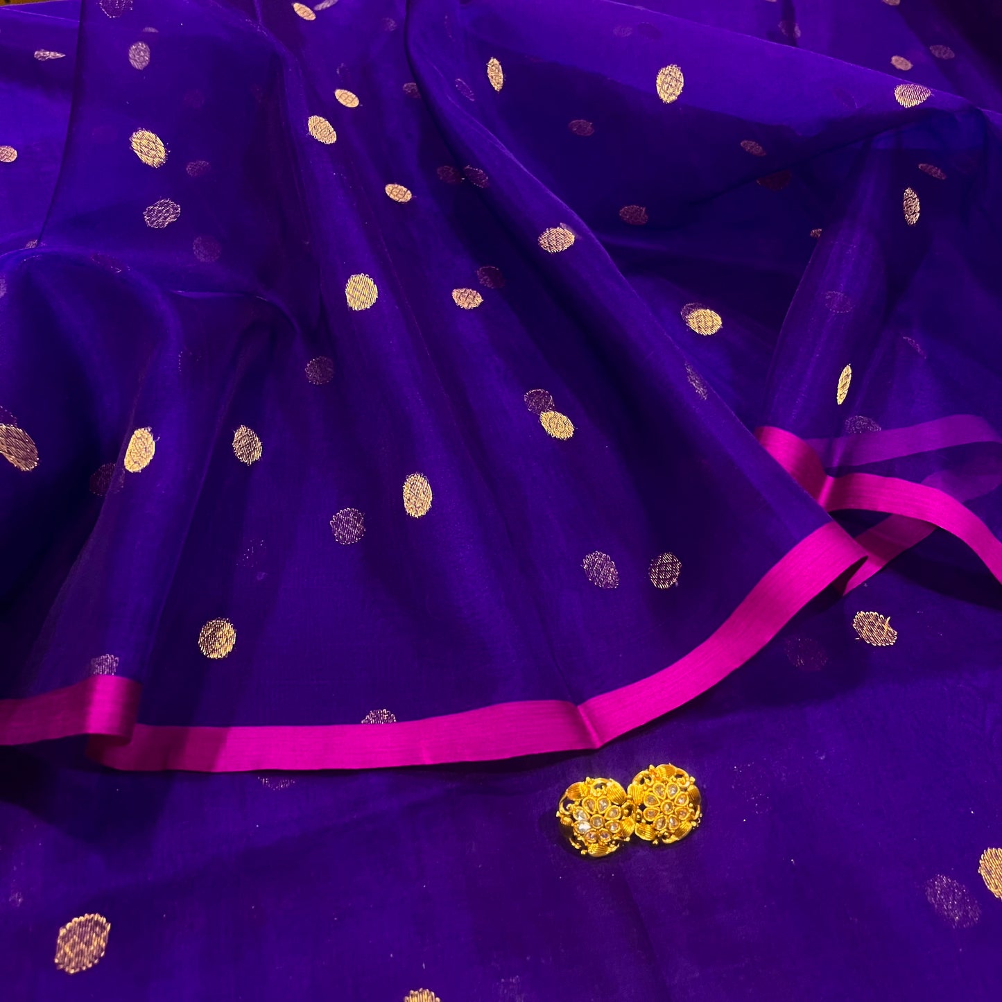 Dark Purple & Pink Chanderi silk saree with zari bootis all over