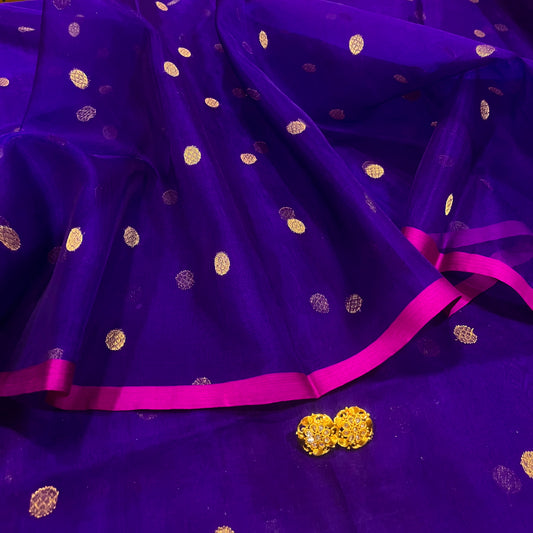 Dark Purple & Pink Chanderi silk saree with zari bootis all over