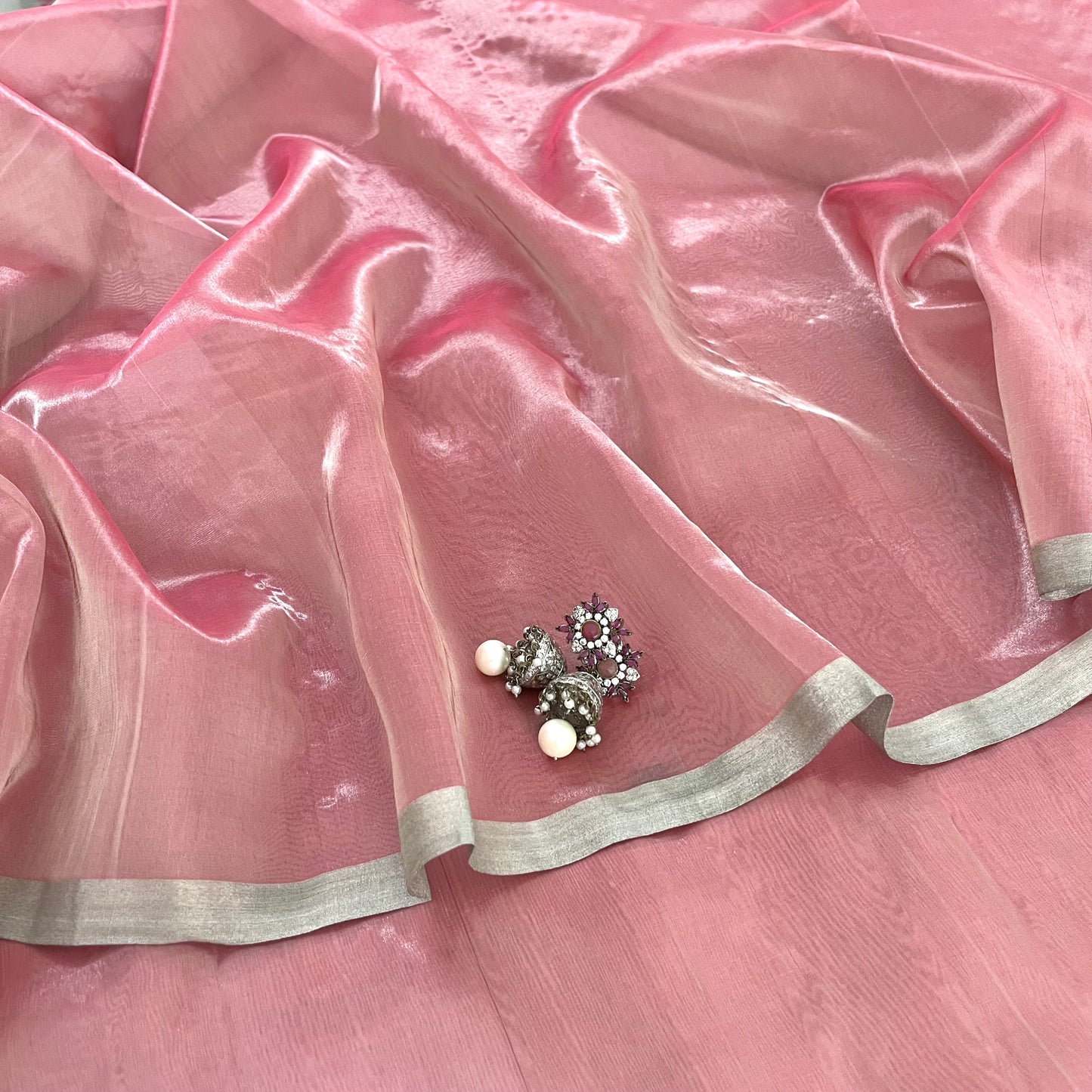 Flamingo pink Chanderi tissue silk saree