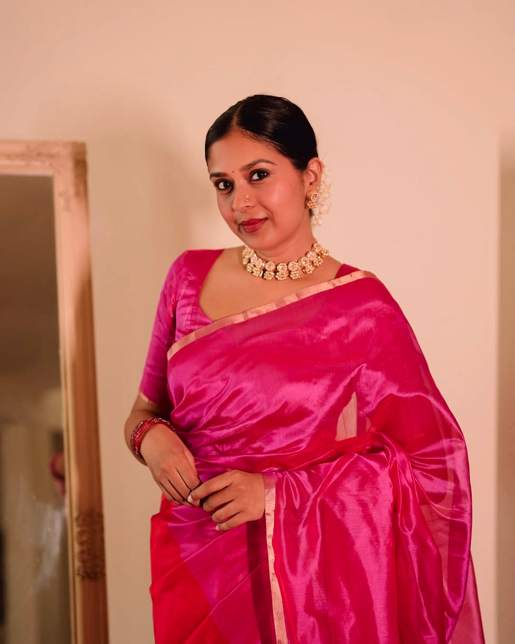 Chili Red and pink Chanderi silk saree with tassels on pallu