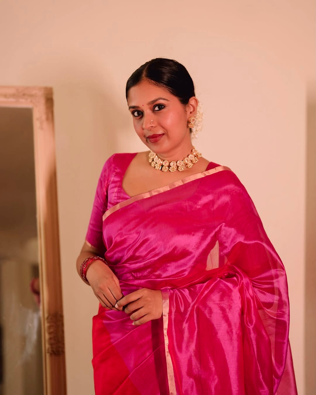 Chili Red and pink Chanderi silk saree with tassels on pallu