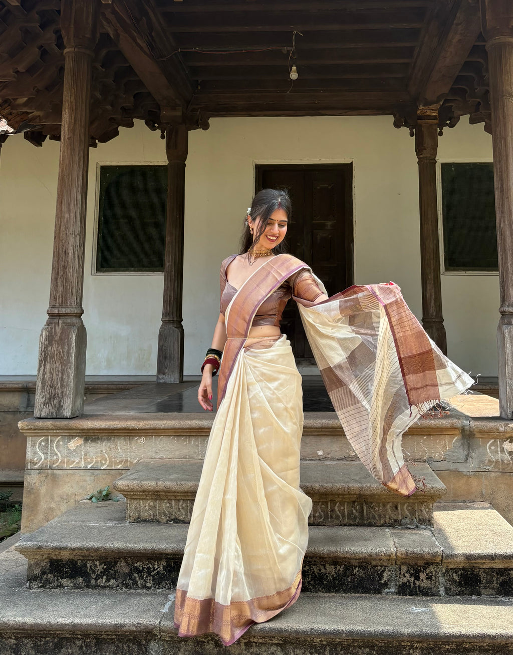 Ready to wear | Cream & Violet Maheshwari tissue silk saree with antique gold zari border