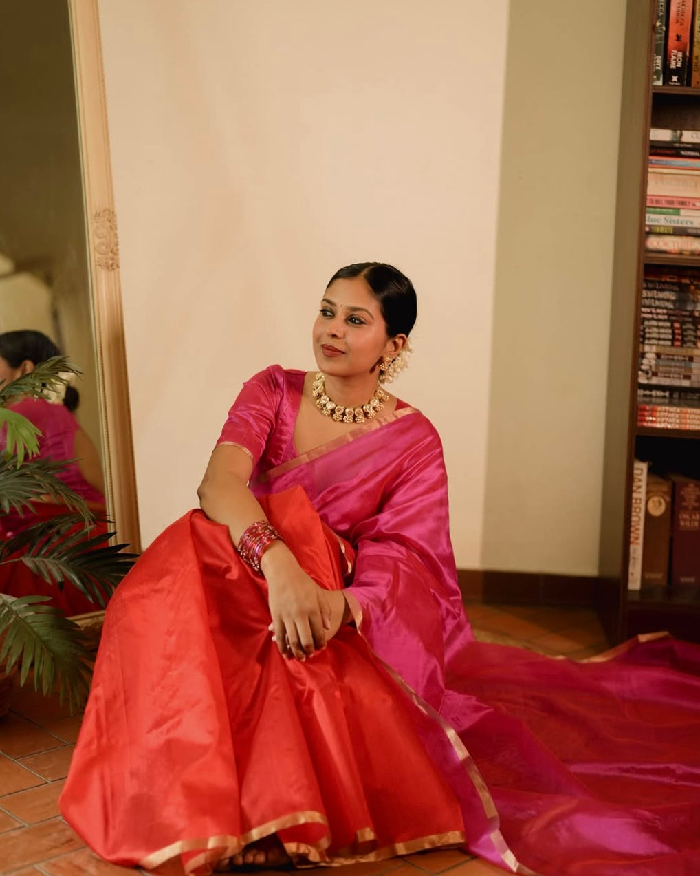 Chili Red and pink Chanderi silk saree with tassels on pallu