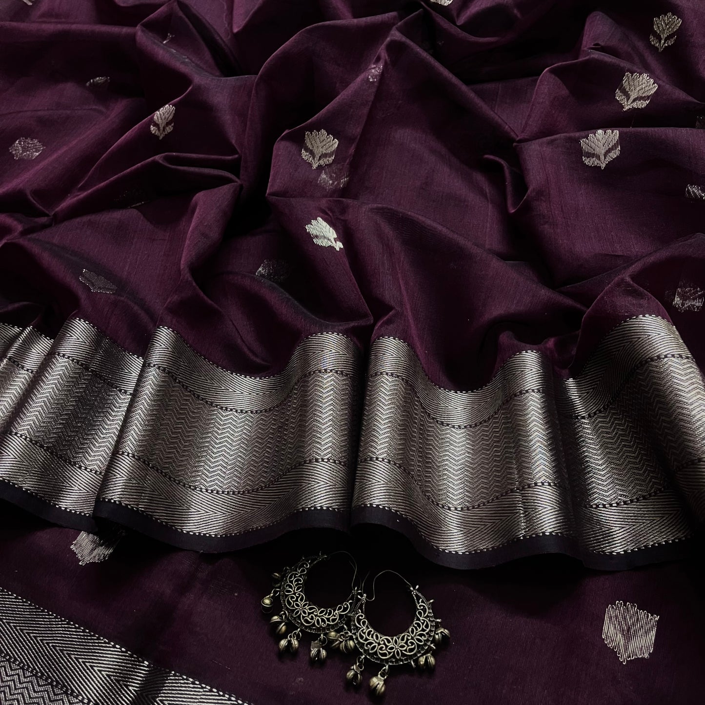 Deep wine Maheshwari saree with flower motifs all over