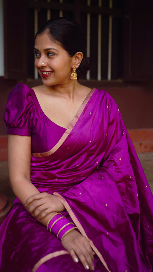 Wine chanderi silk saree with zari bootis all over