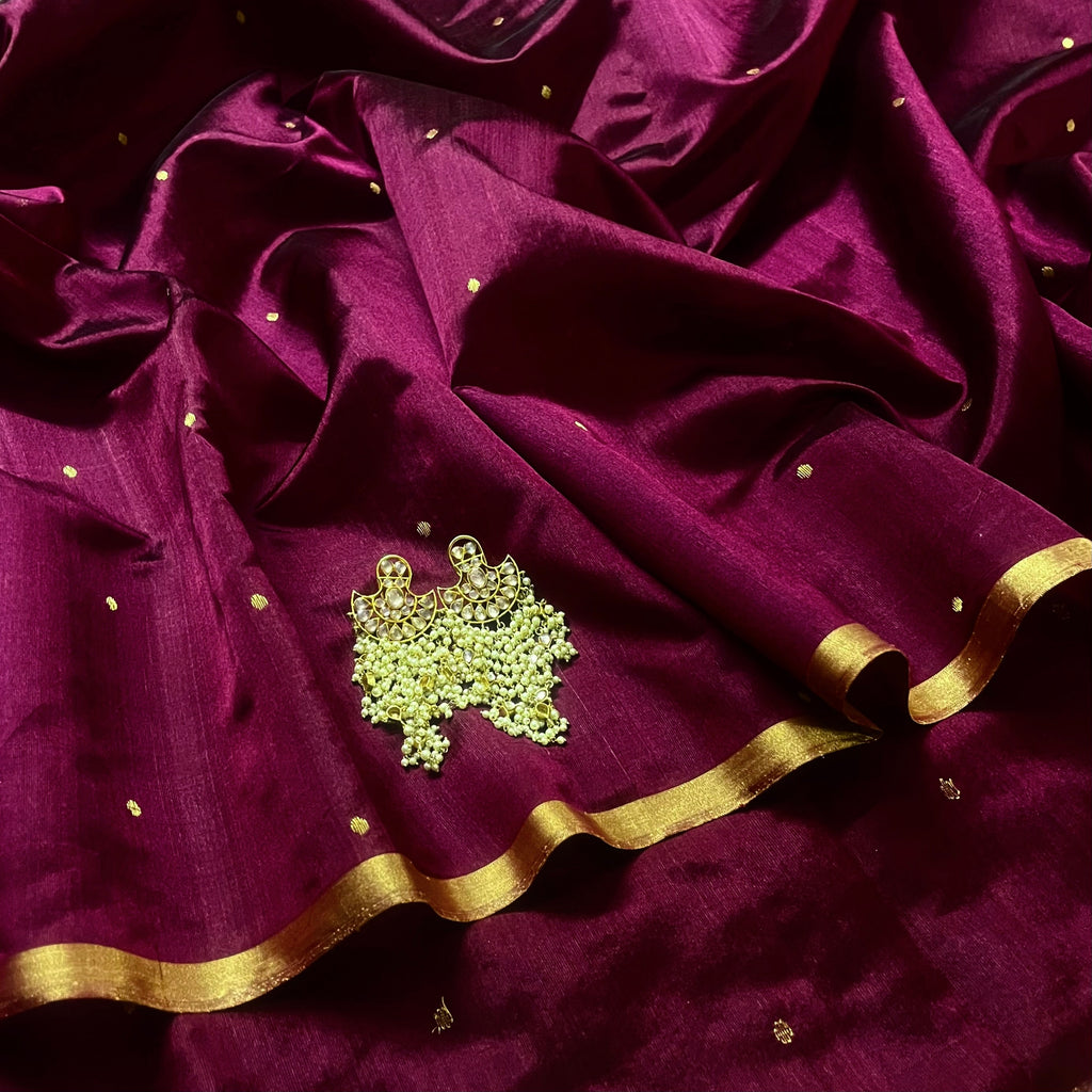 Dark Plum Chanderi Silk Saree with Zari Bootis all over