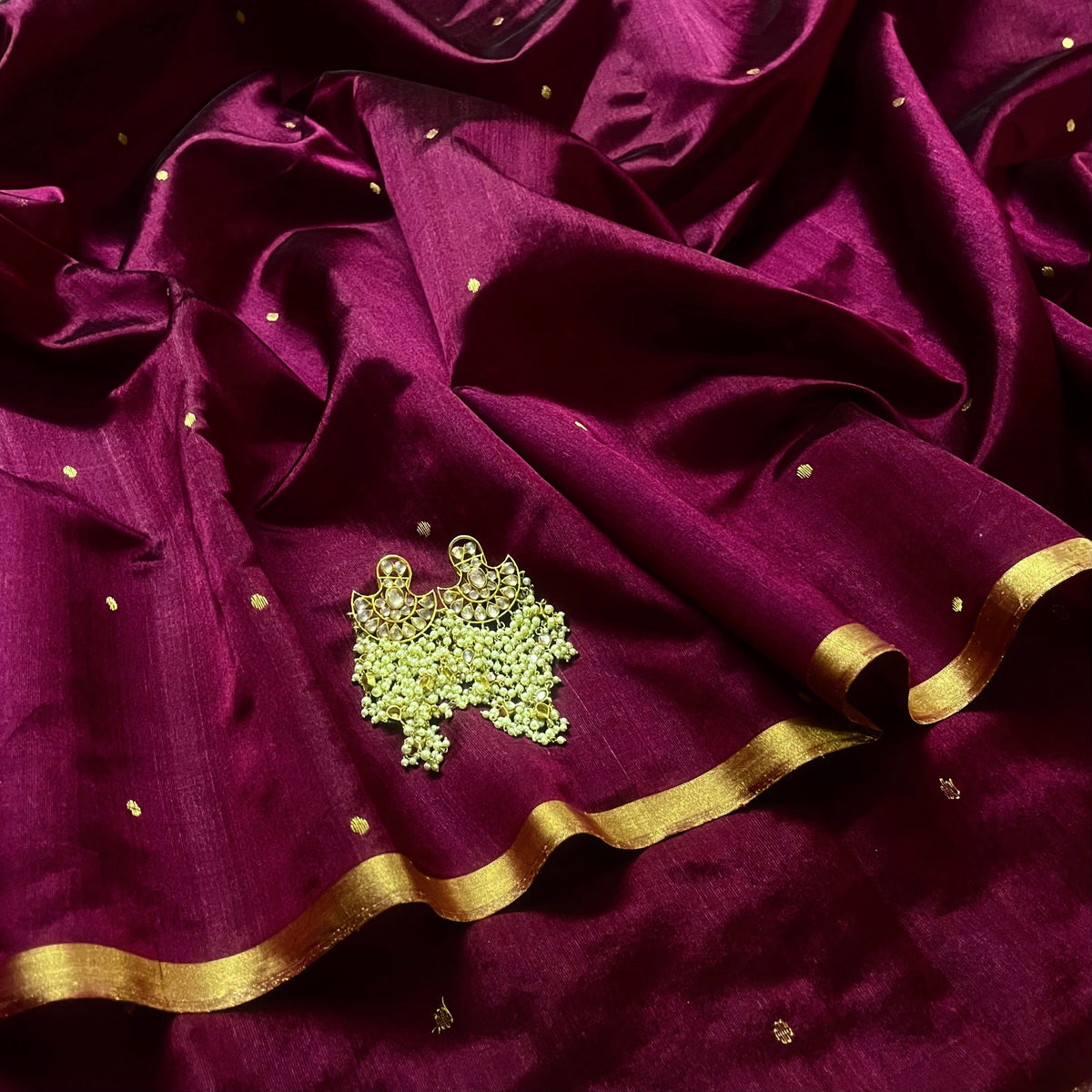 Dark Plum Chanderi Silk Saree with Zari Bootis all over