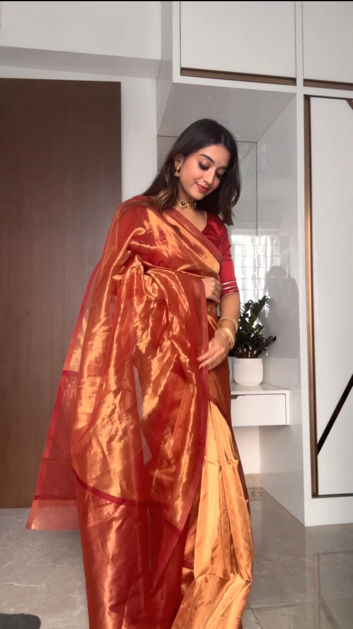 Deep red and gold Chanderi tissue silk saree